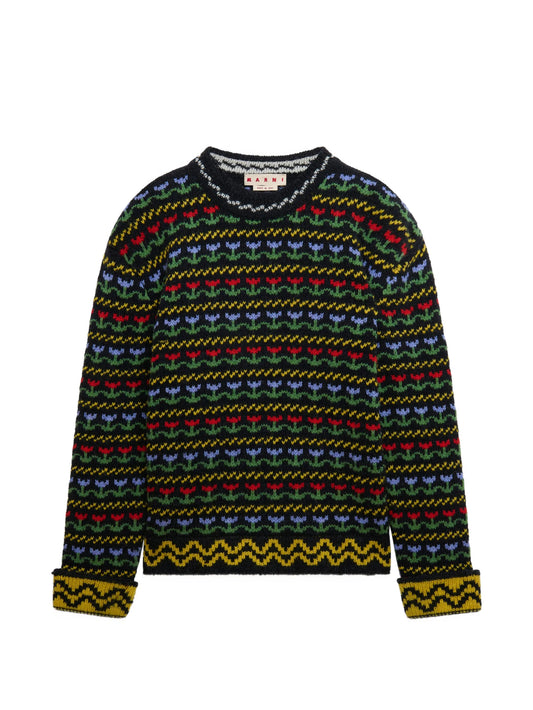 black shetland wool sweater with fairisle motif