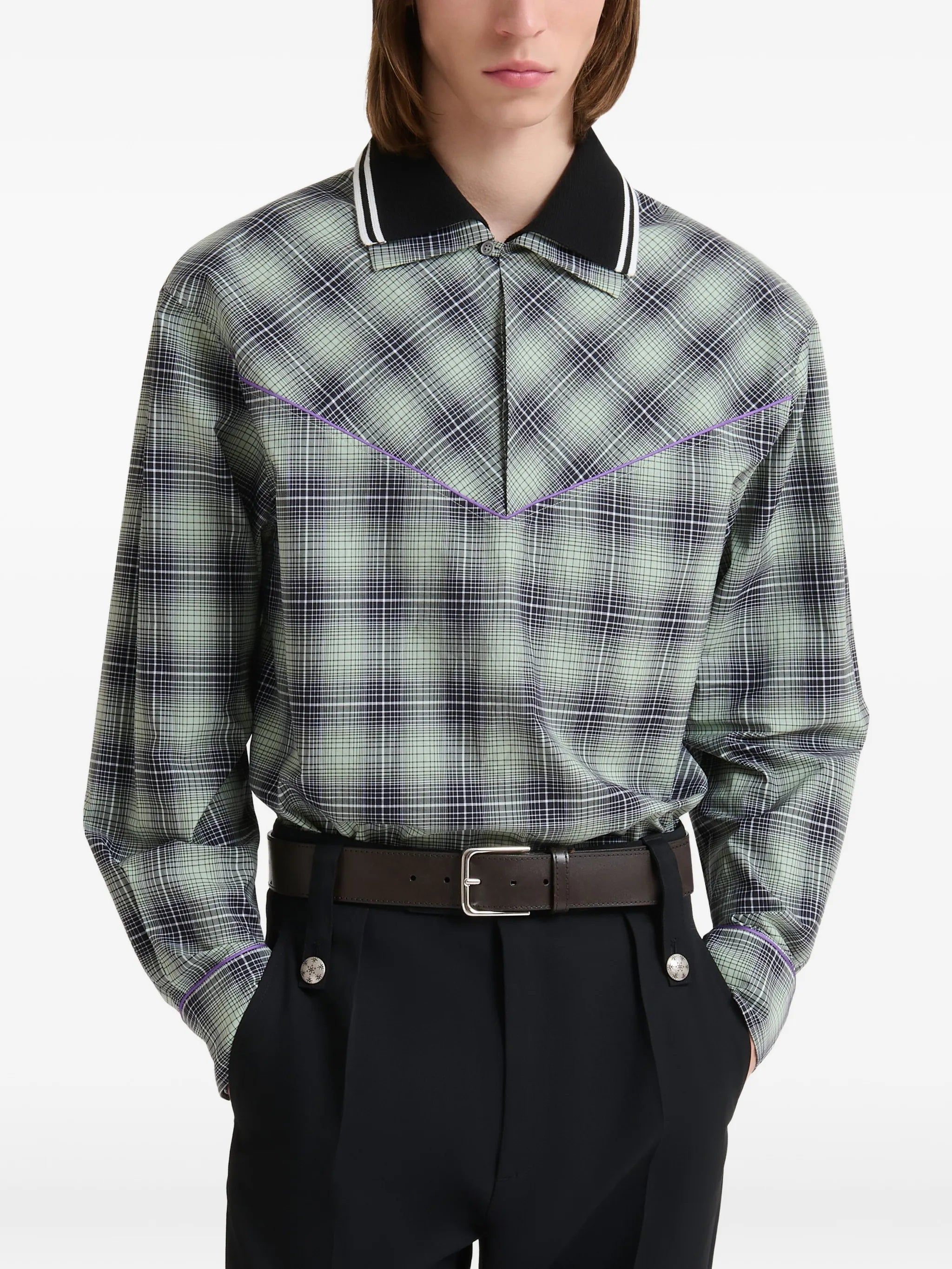 beige e light brown checked poplin shirt with contrast piping