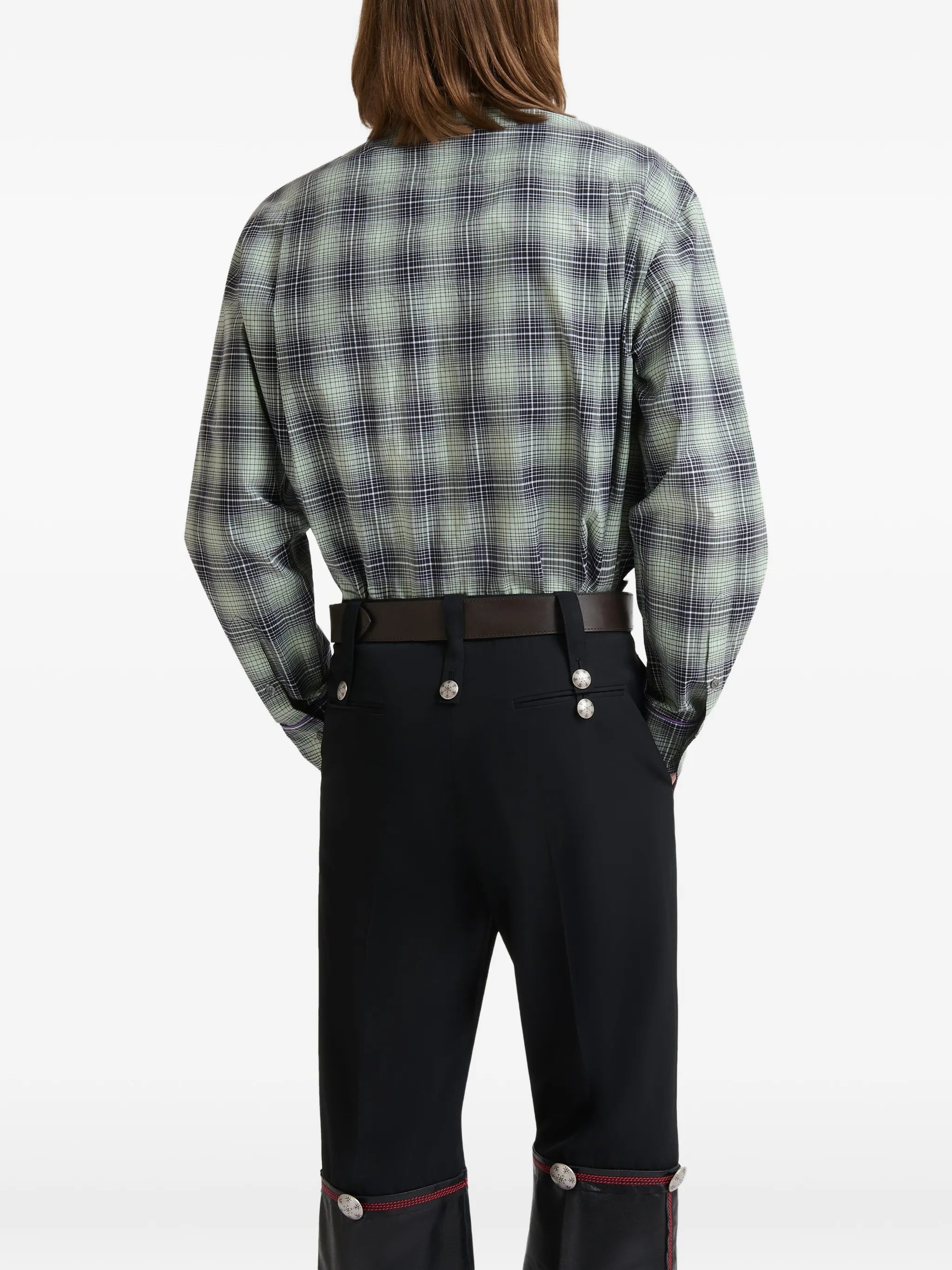 beige e light brown checked poplin shirt with contrast piping