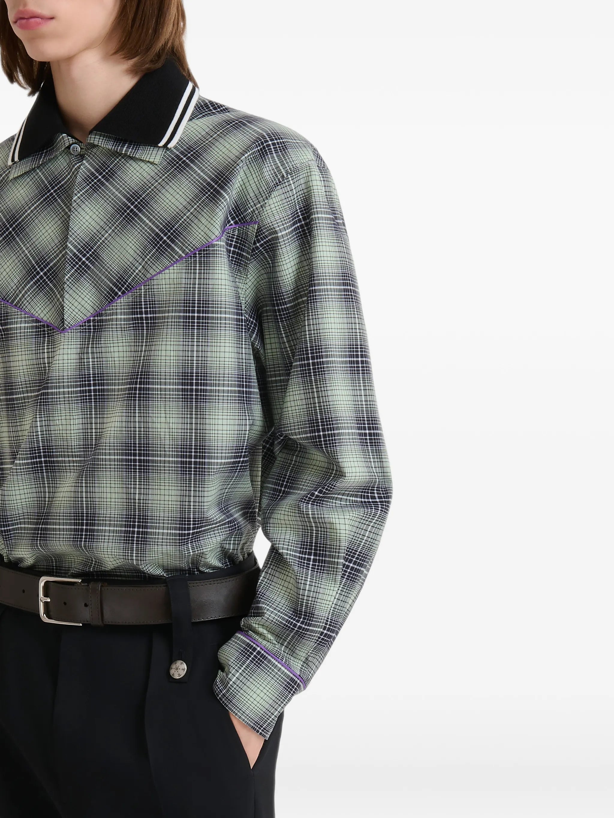 beige e light brown checked poplin shirt with contrast piping