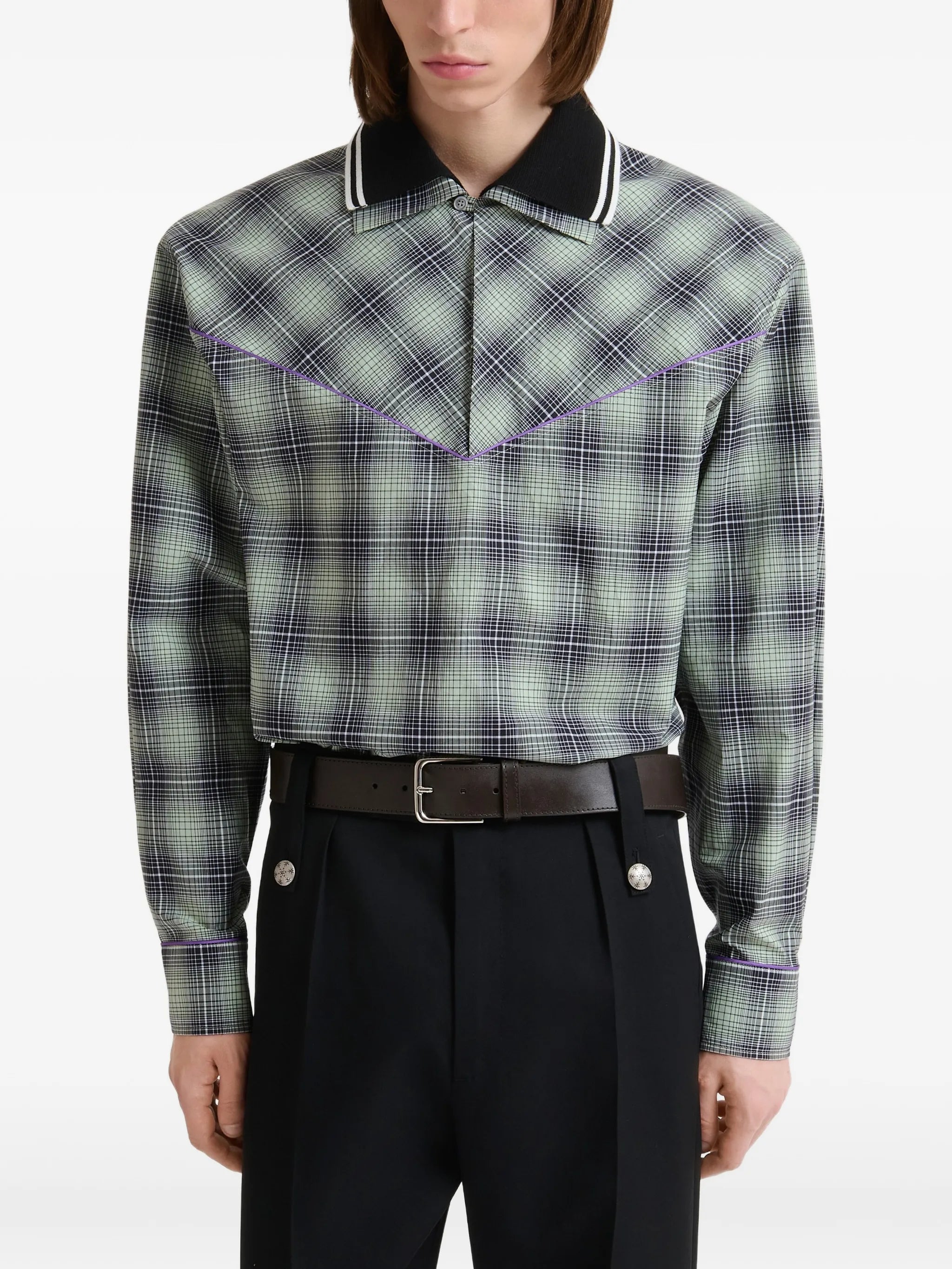 beige e light brown checked poplin shirt with contrast piping