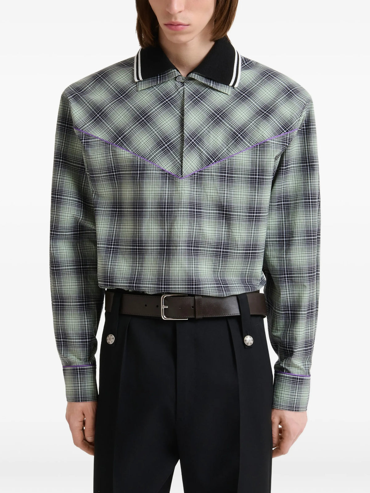 beige e light brown checked poplin shirt with contrast piping