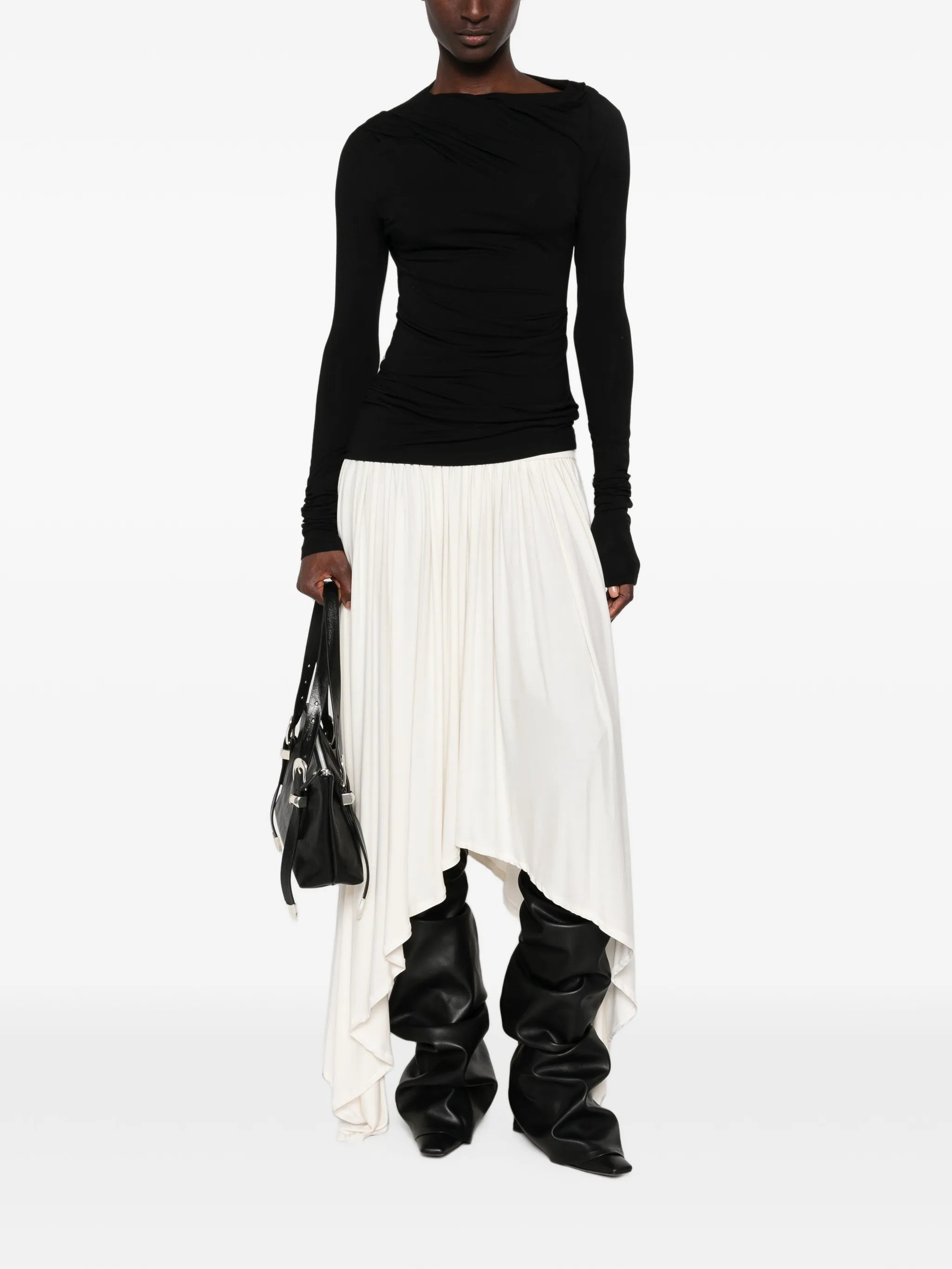 draped long-sleeve top