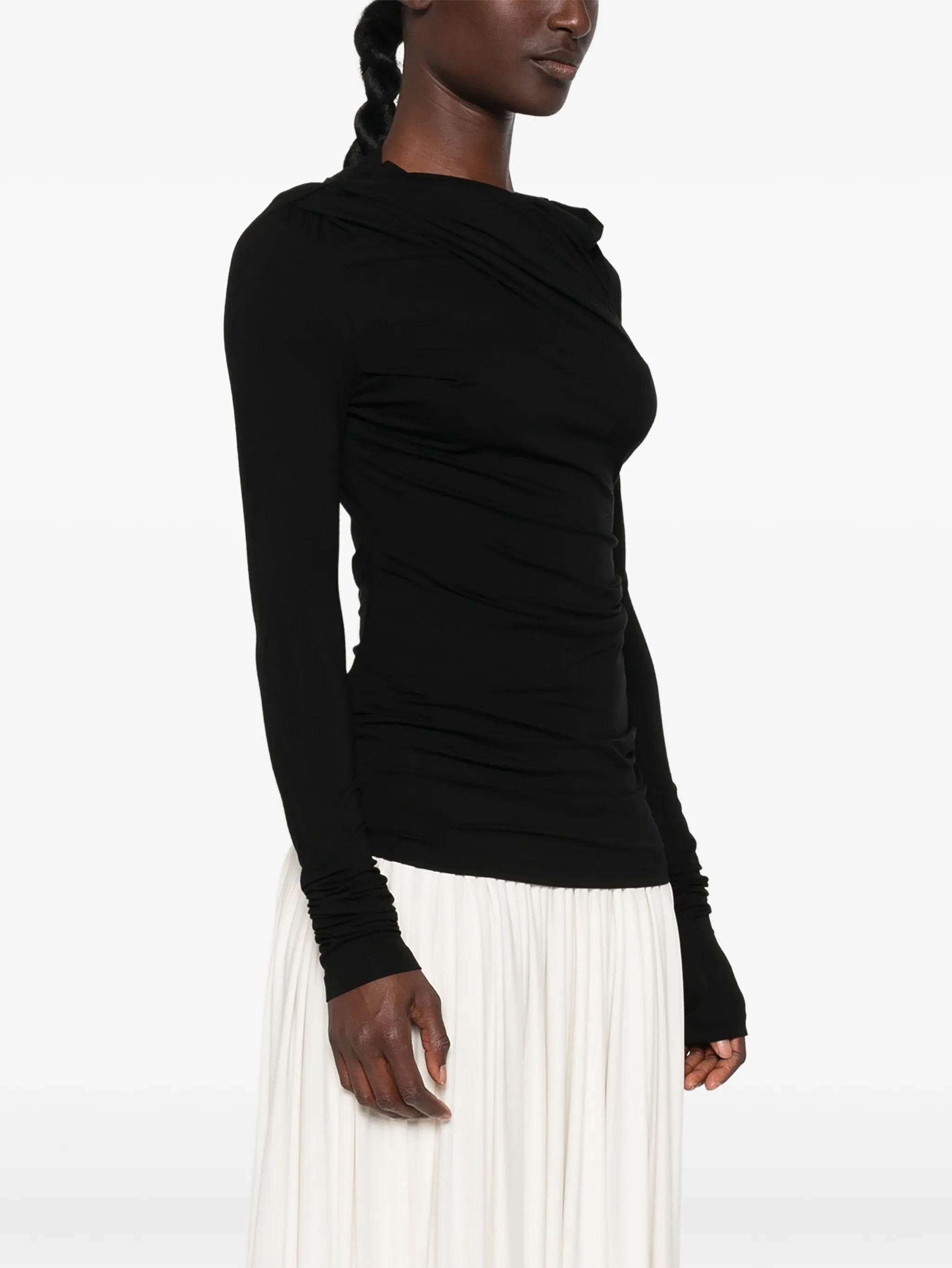 draped long-sleeve top
