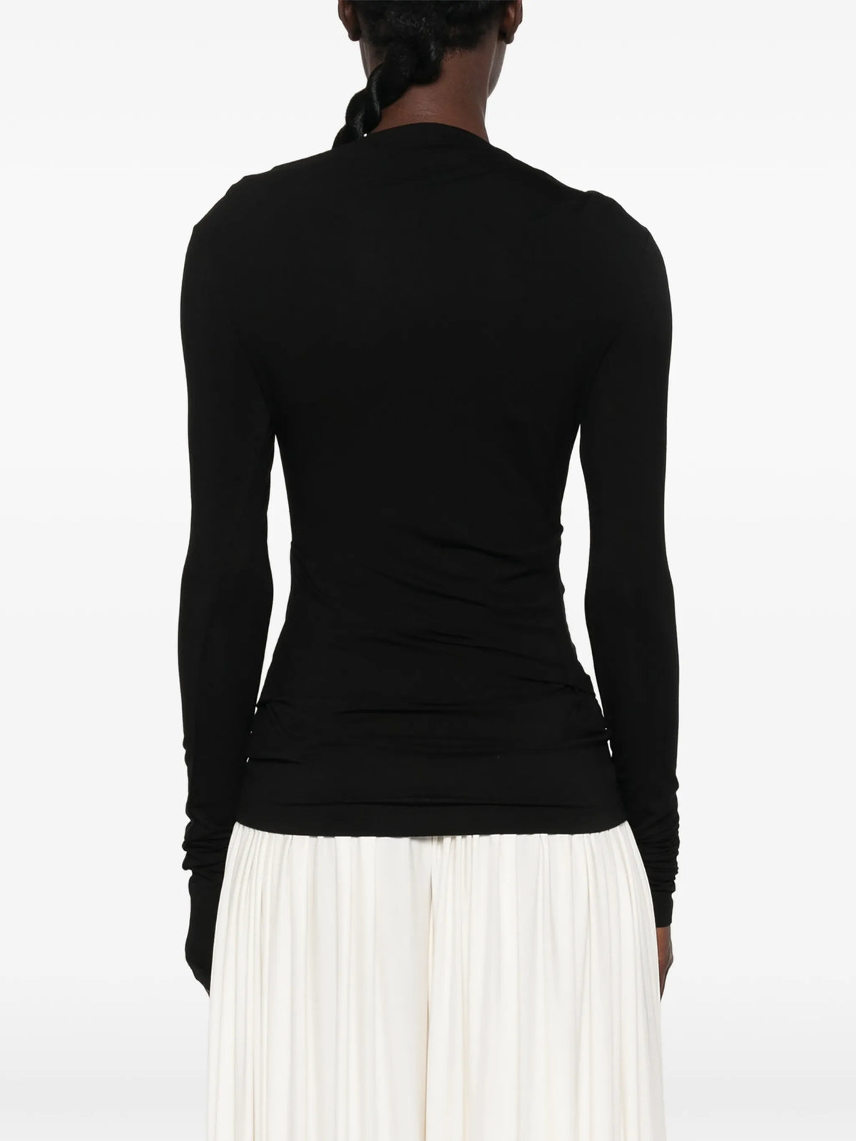 draped long-sleeve top