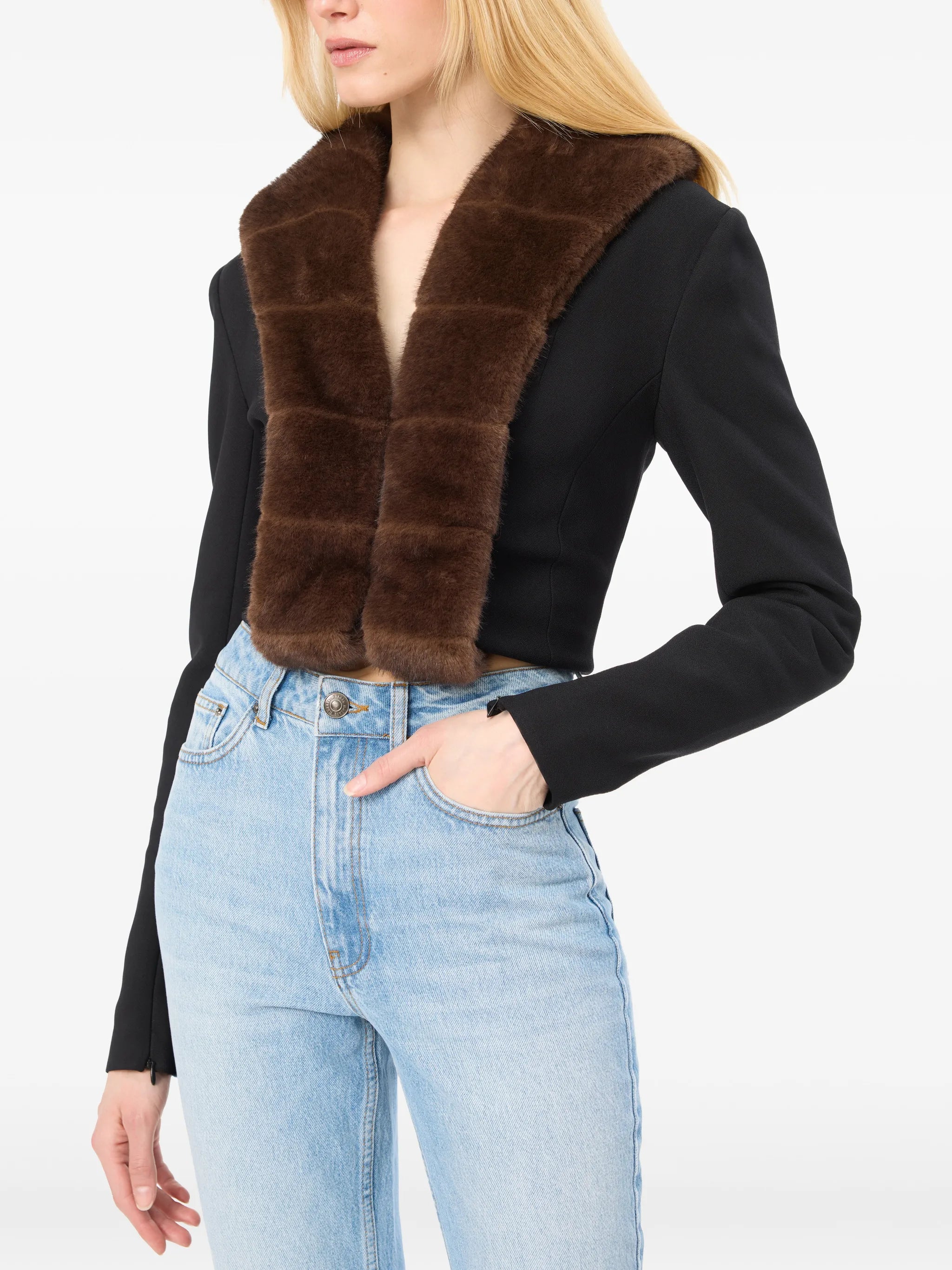 faux-fur-collar cardigan black