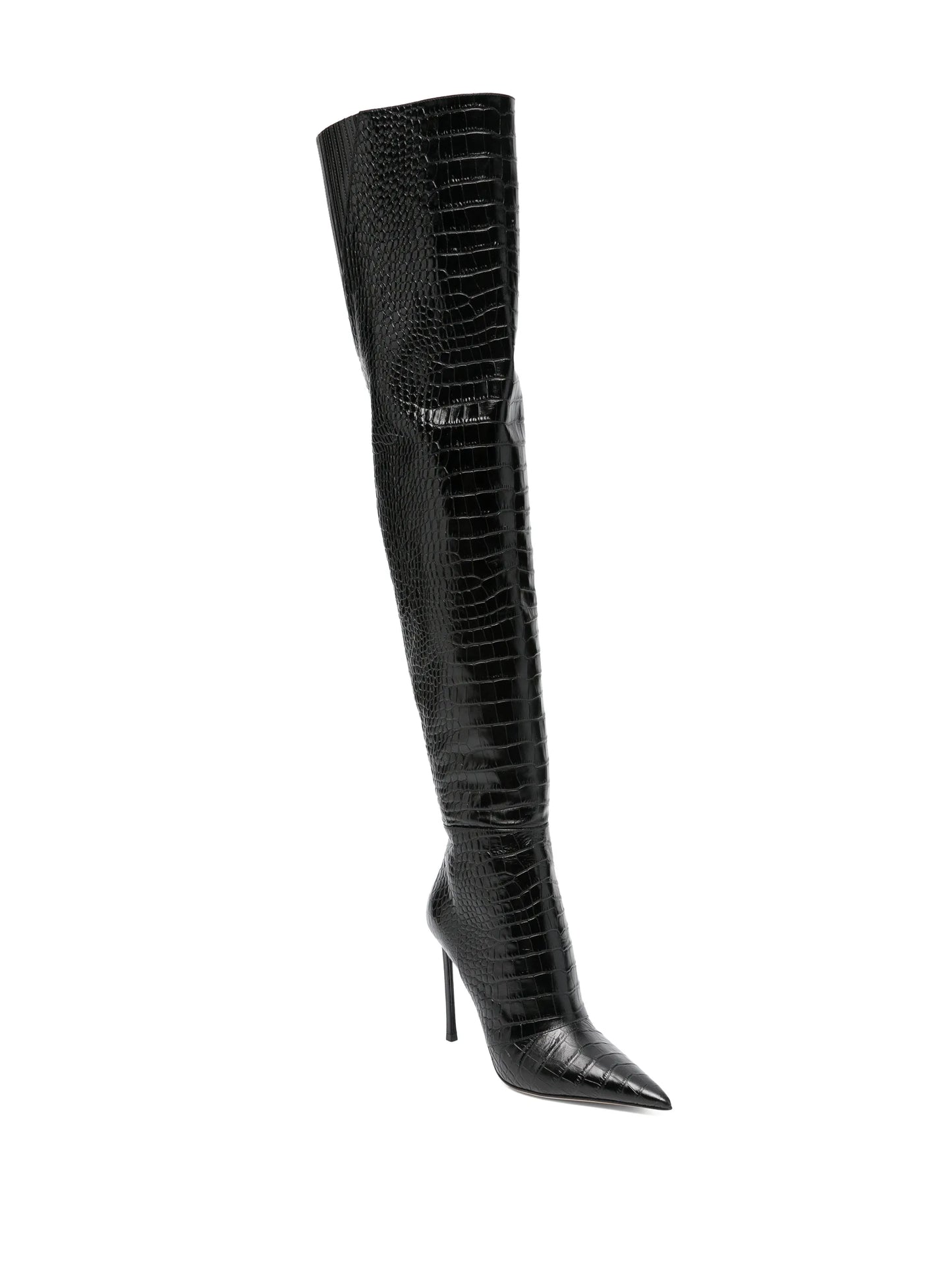croc-effect over-the-knee boots