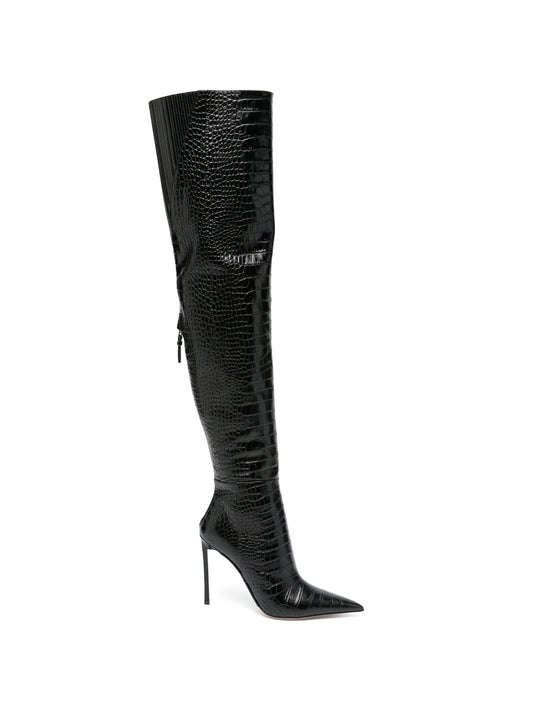 croc-effect over-the-knee boots