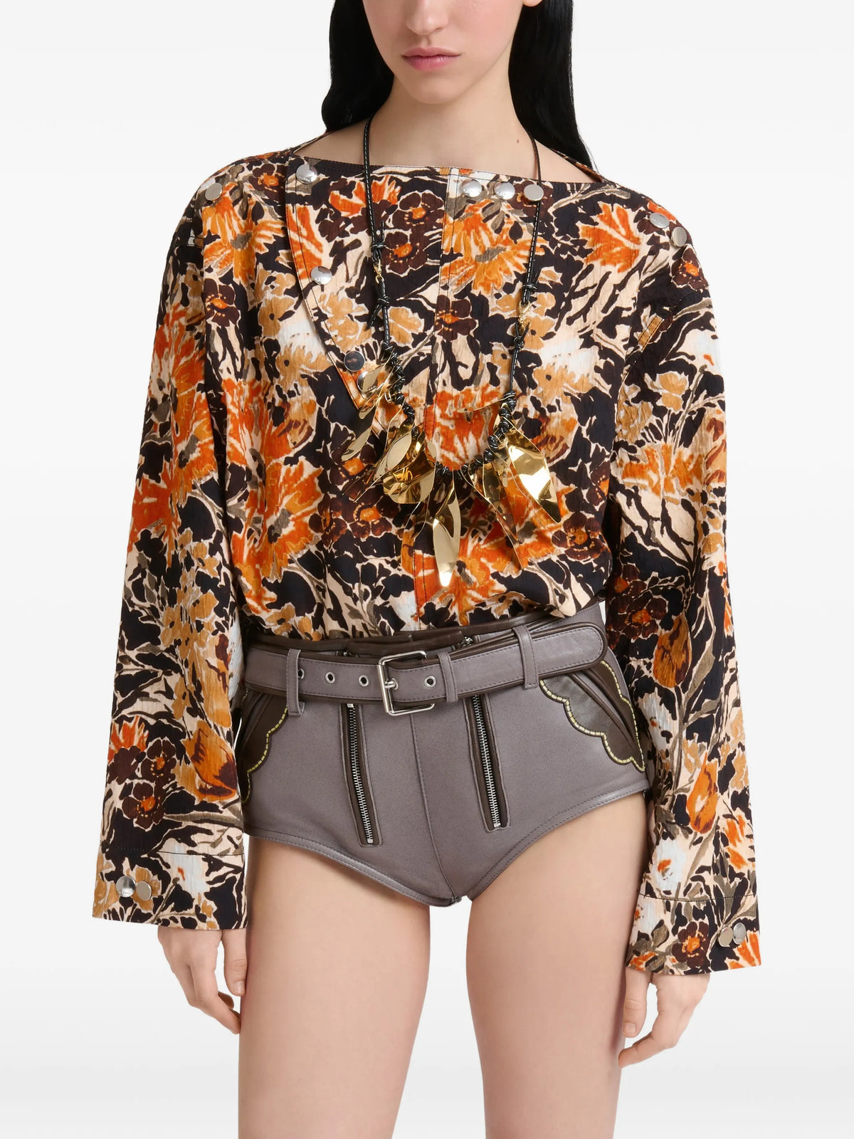 black cloqué top with Extreme Bouquet print