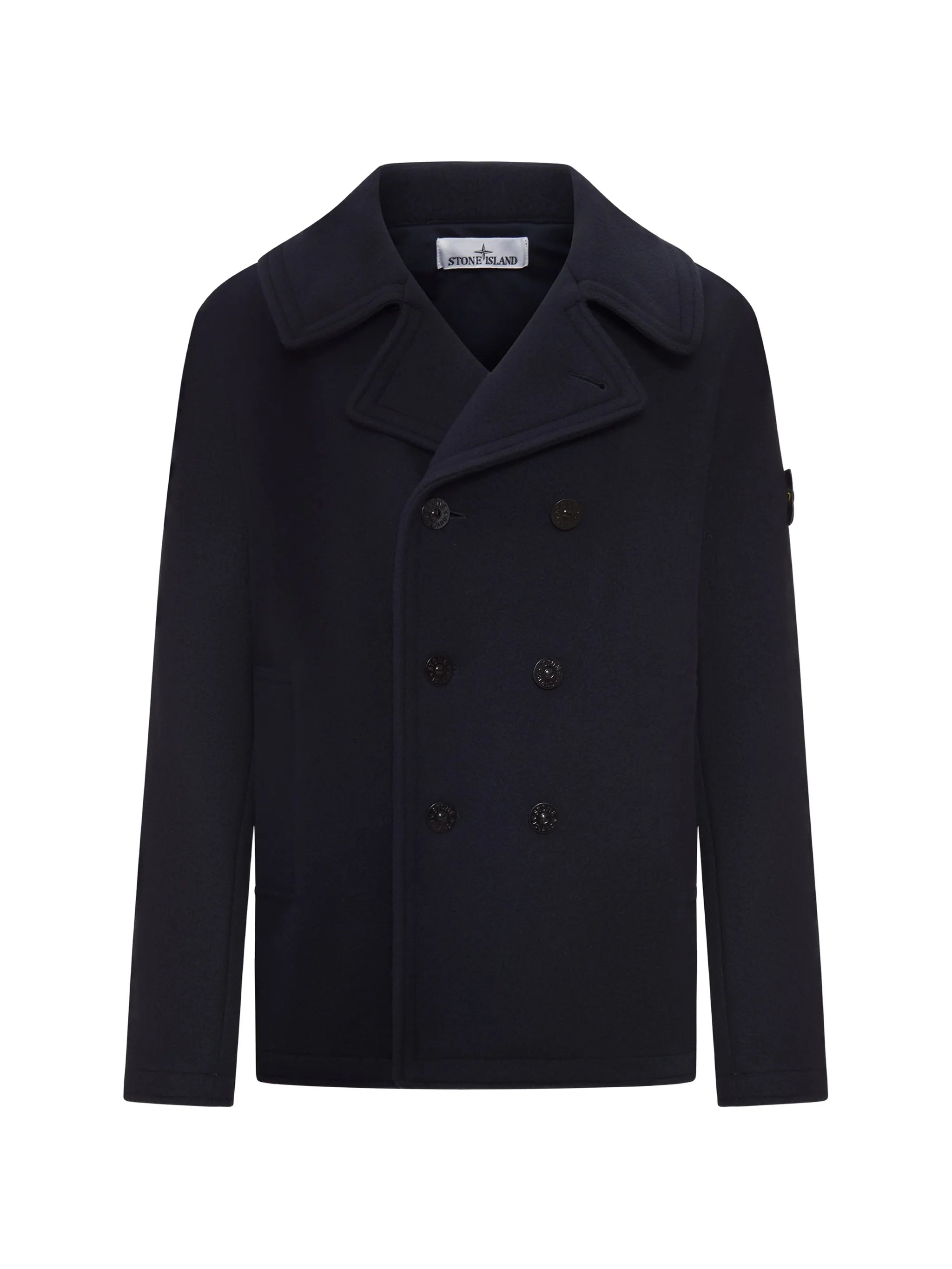 double-breasted logo-patch coat
