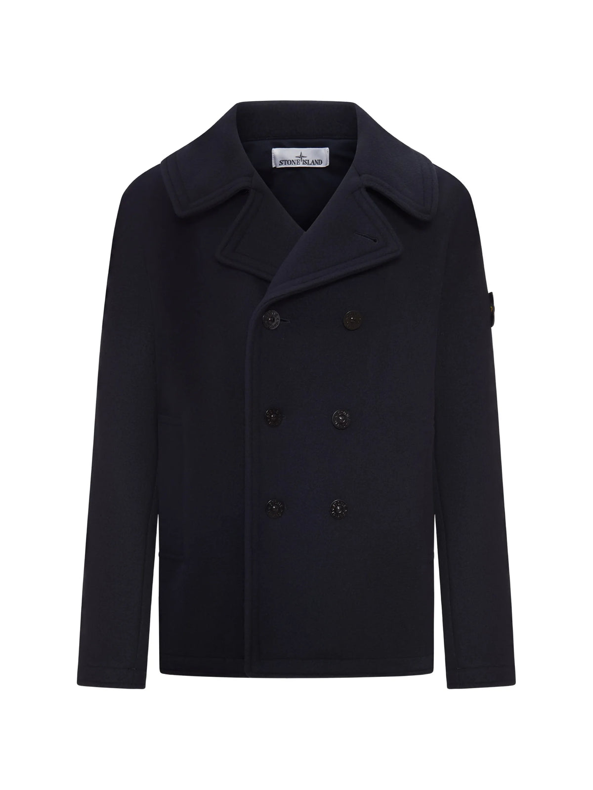double-breasted logo-patch coat