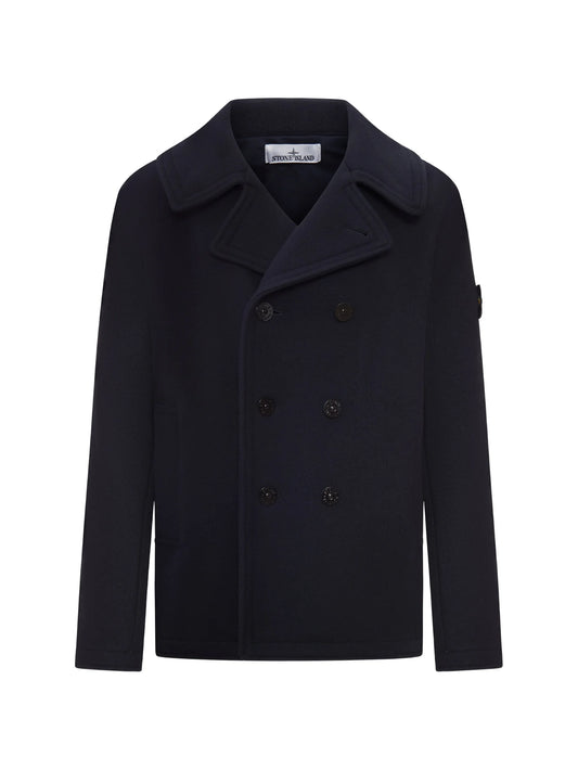 double-breasted logo-patch coat