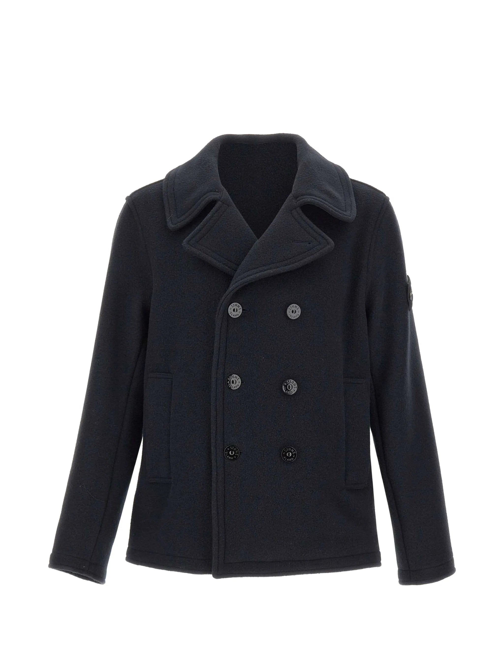 double-breasted logo-patch coat