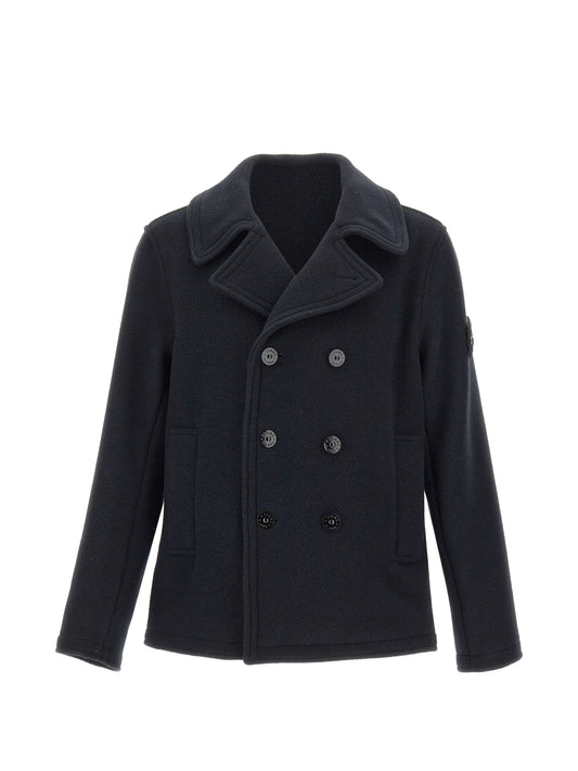 double-breasted logo-patch coat