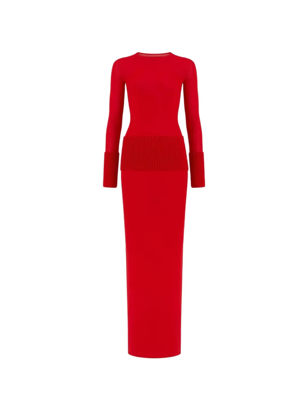 Ribbed-waist long-sleeve maxi dress