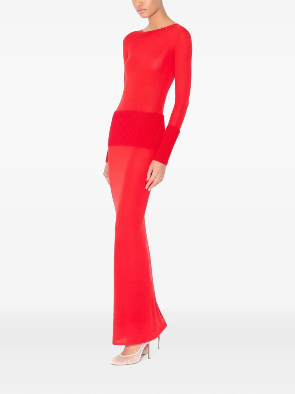 Ribbed-waist long-sleeve maxi dress