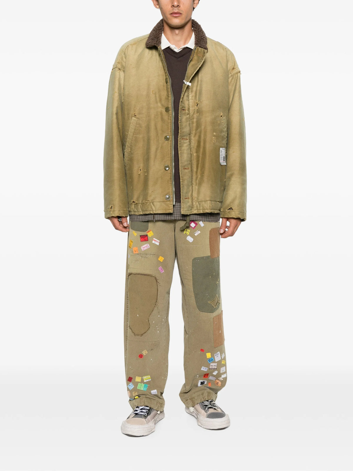 distressed faux-shearling-collar jacket