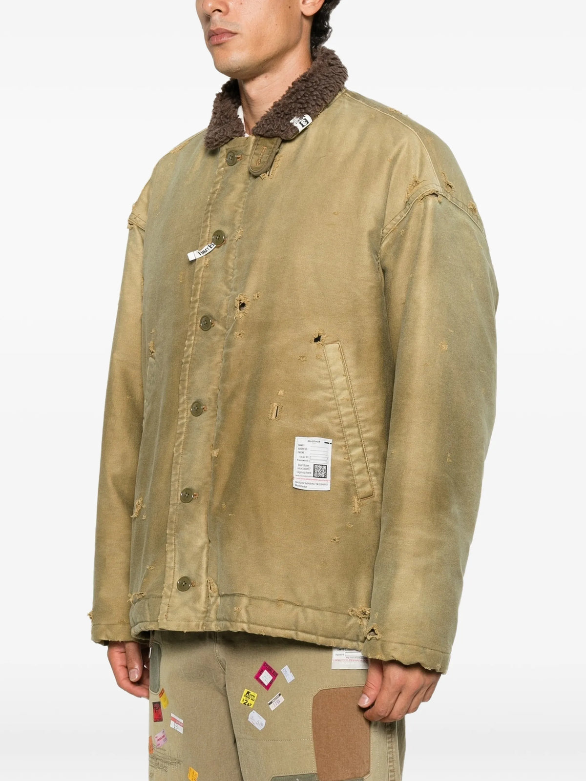 distressed faux-shearling-collar jacket