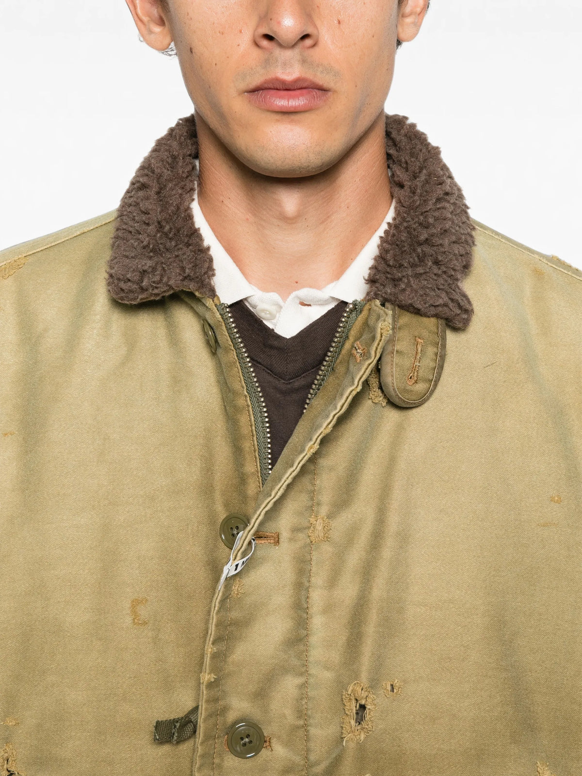 distressed faux-shearling-collar jacket