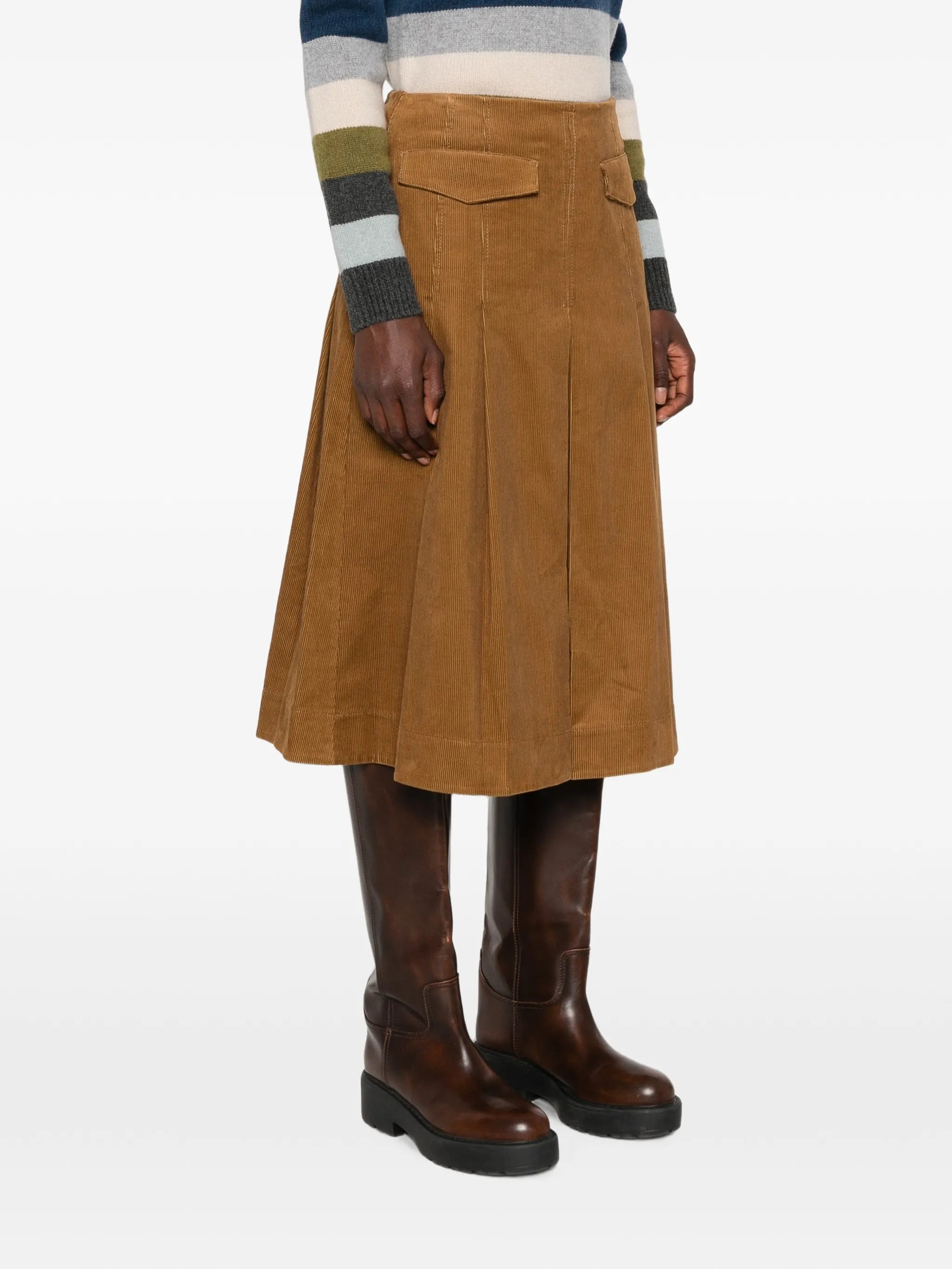 pleated corduroy midi skirt