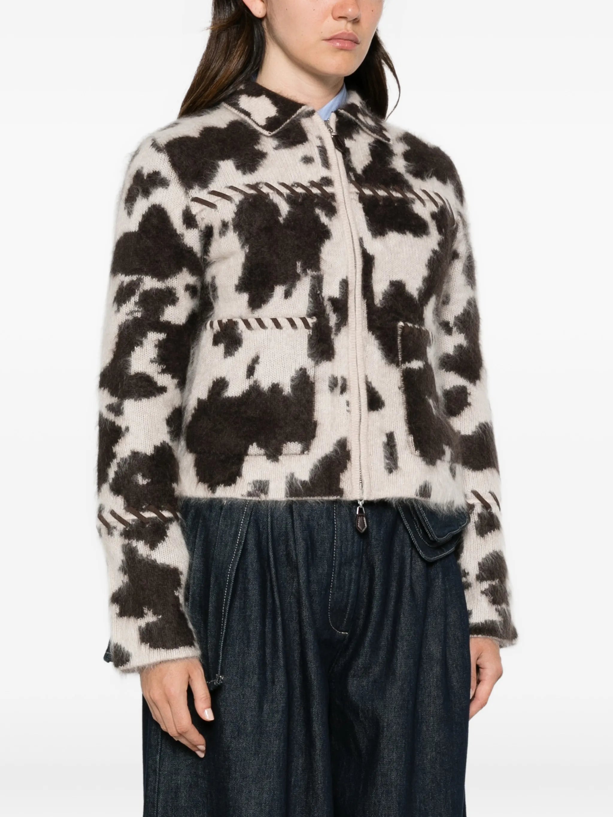 cow-print whipstitch-trim jacket