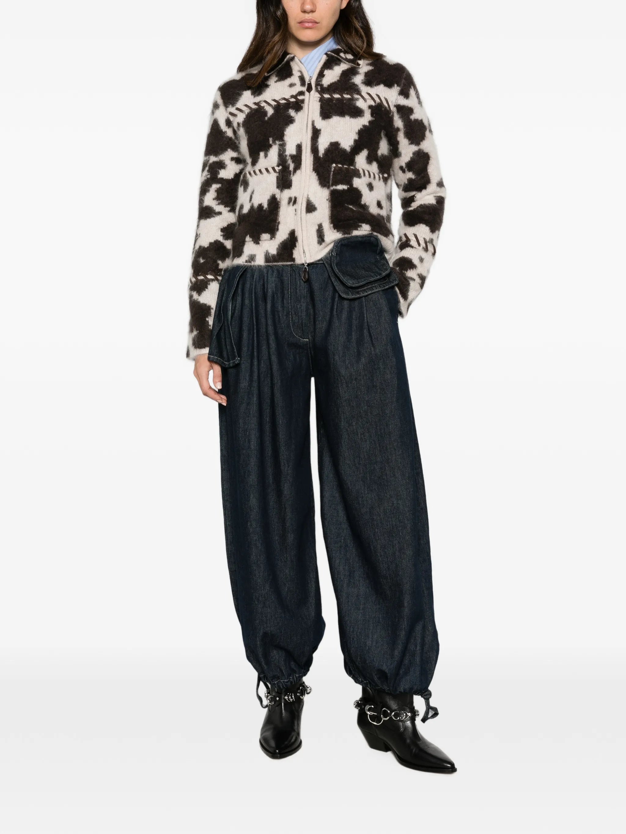 cow-print whipstitch-trim jacket