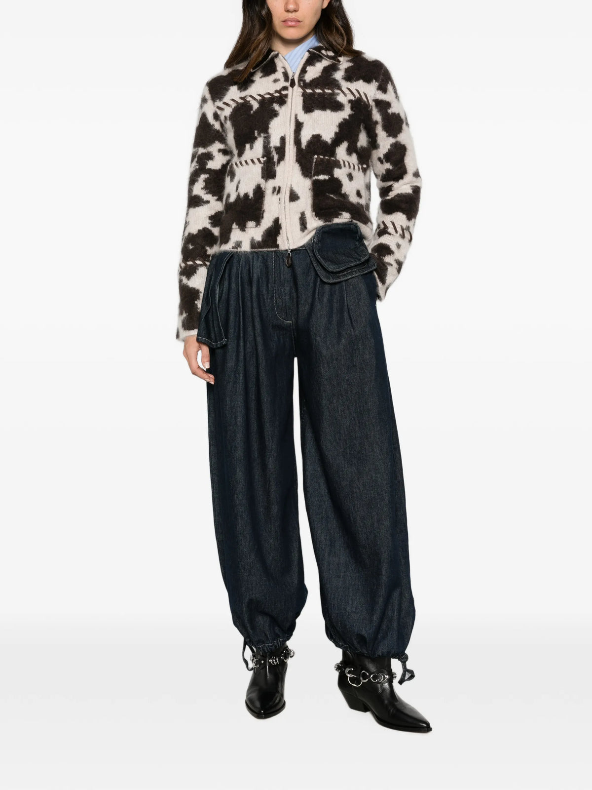cow-print whipstitch-trim jacket