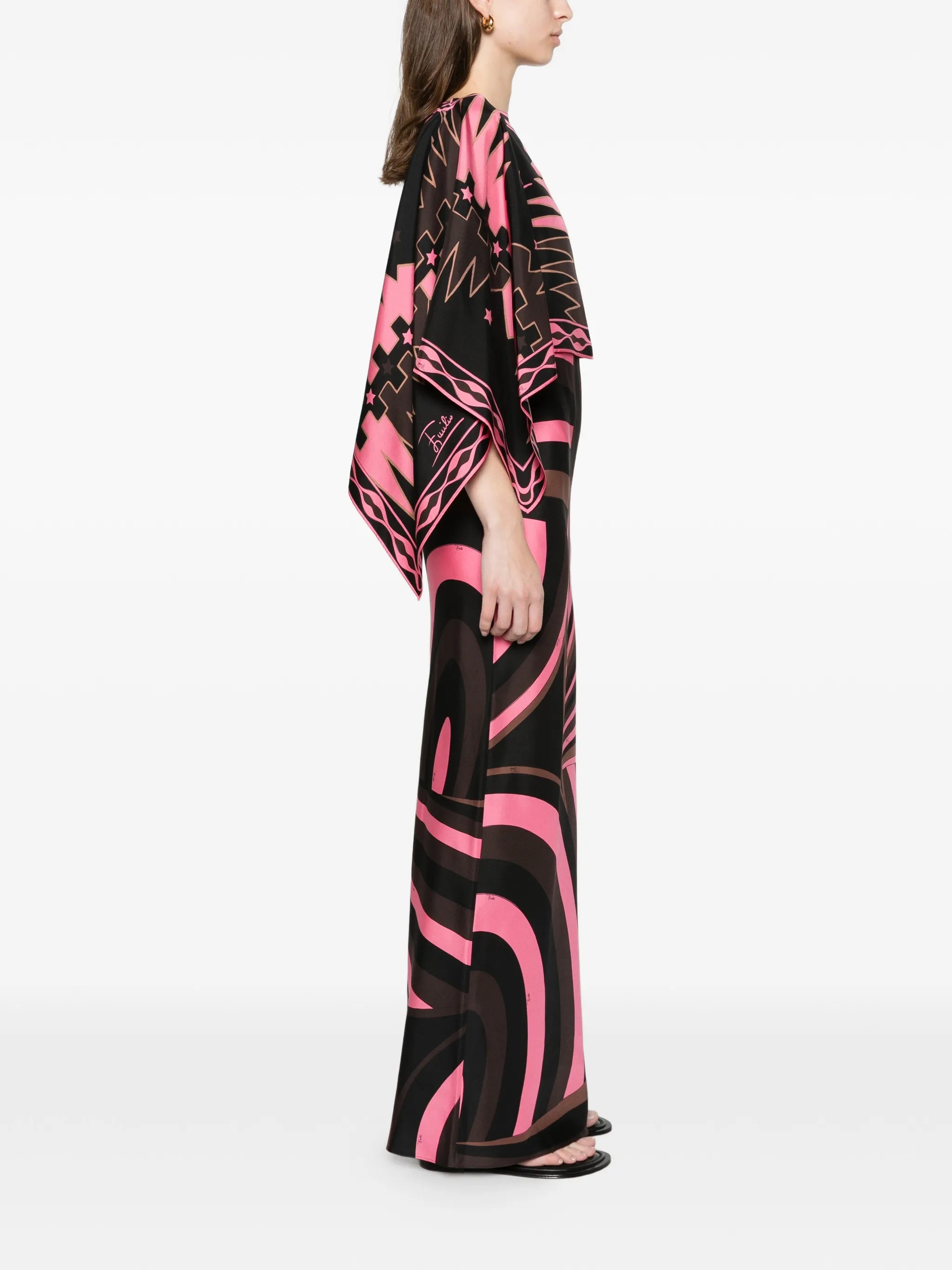 Iride-print silk dress with cape
