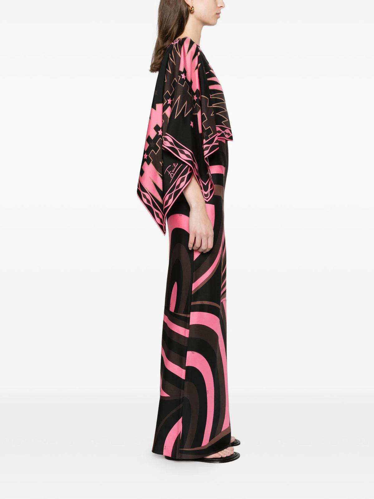 Iride-print silk dress with cape