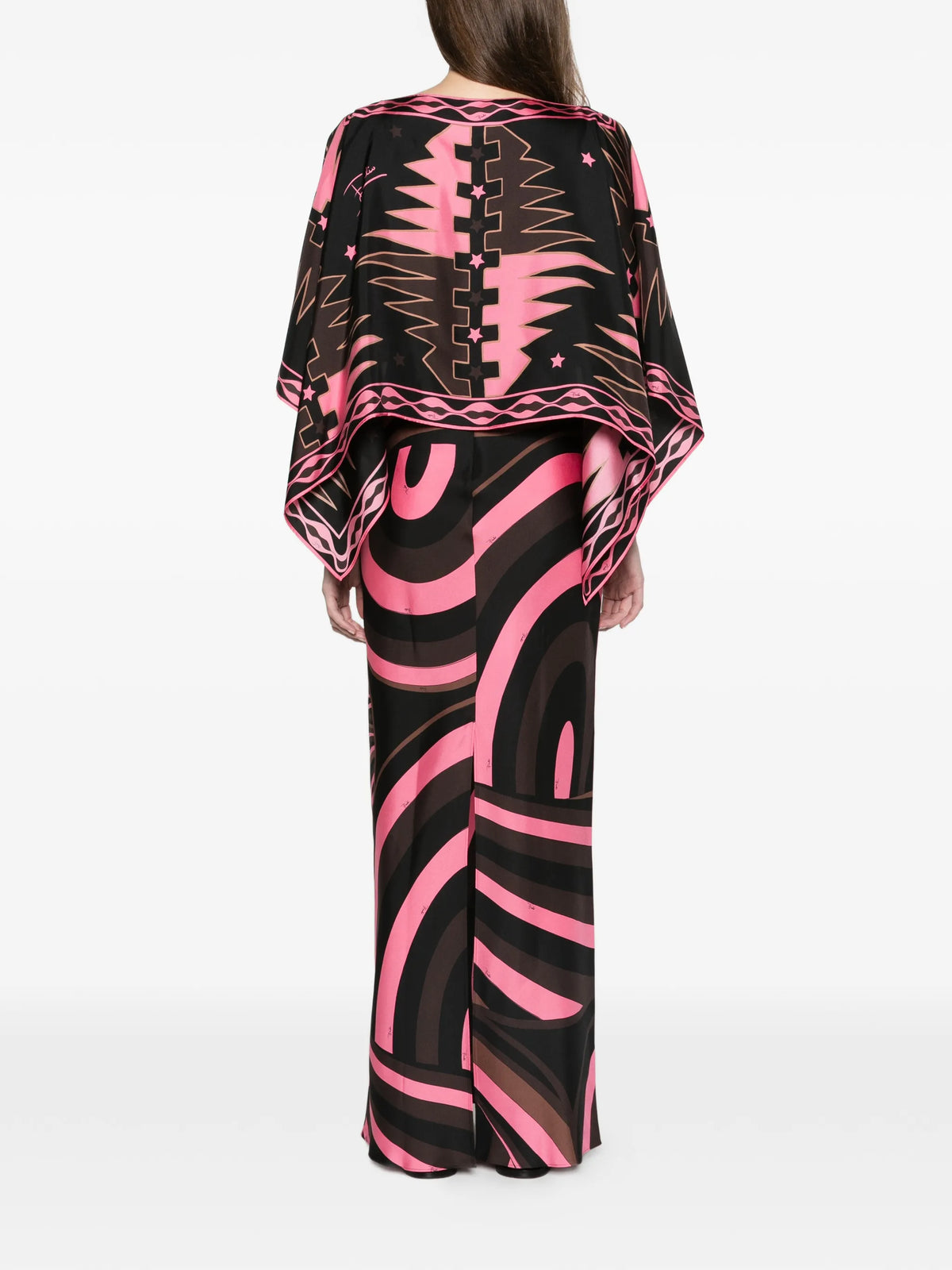 Iride-print silk dress with cape