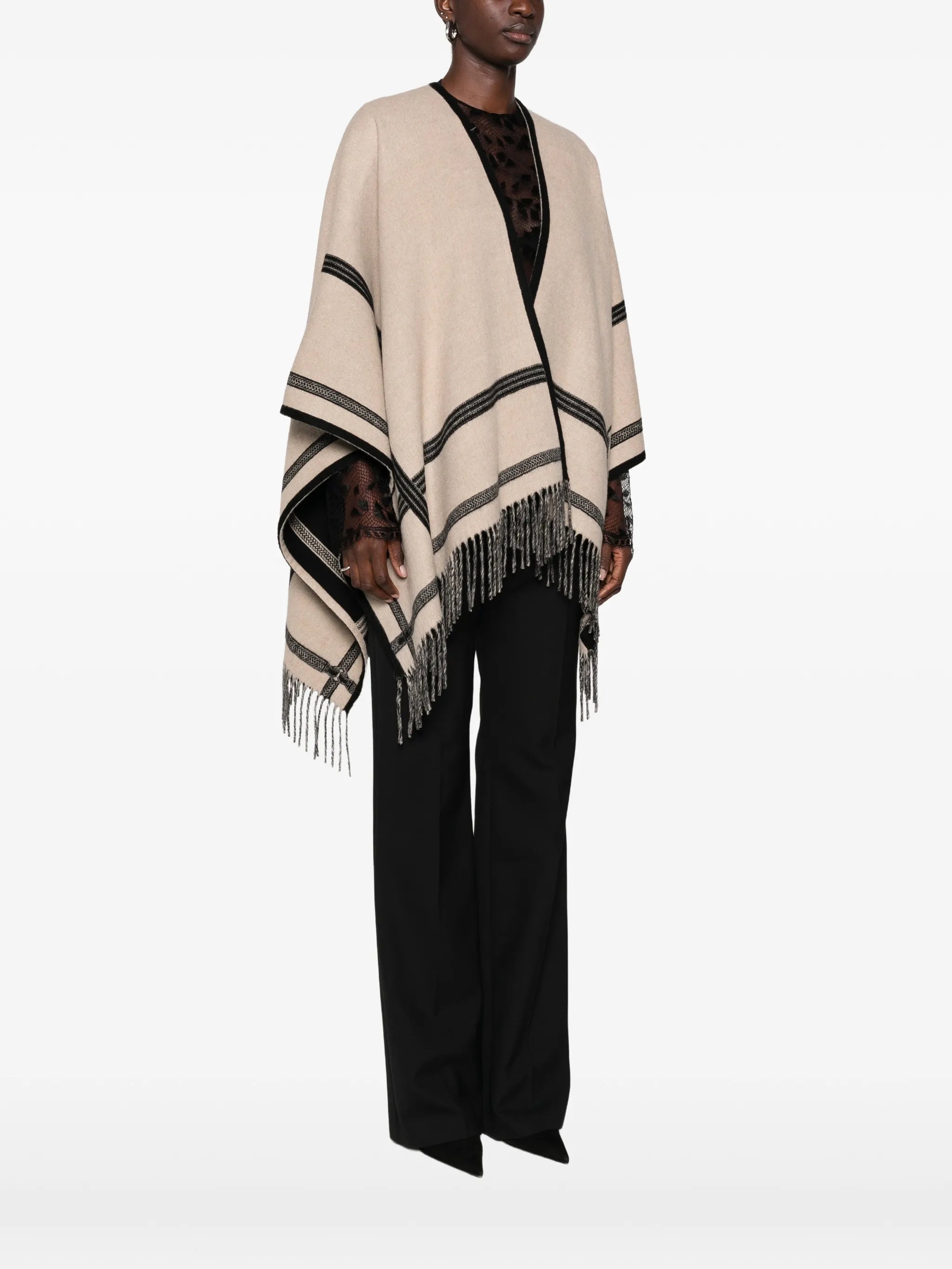 fringe-trimmed striped poncho