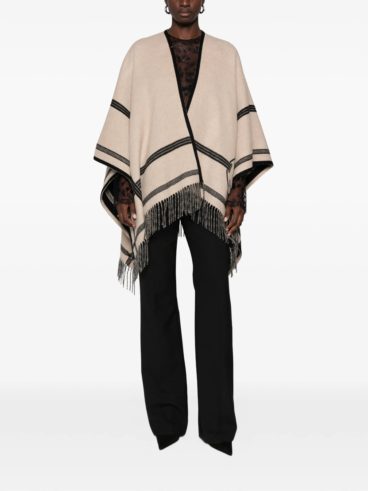 fringe-trimmed striped poncho