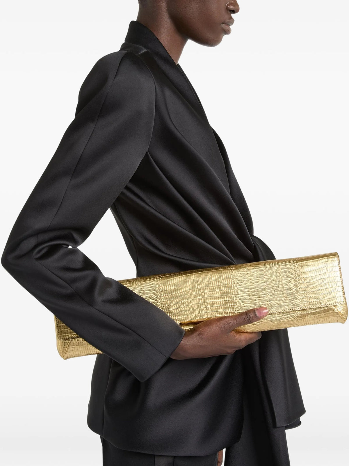 long clutch bag in metallic textured leather