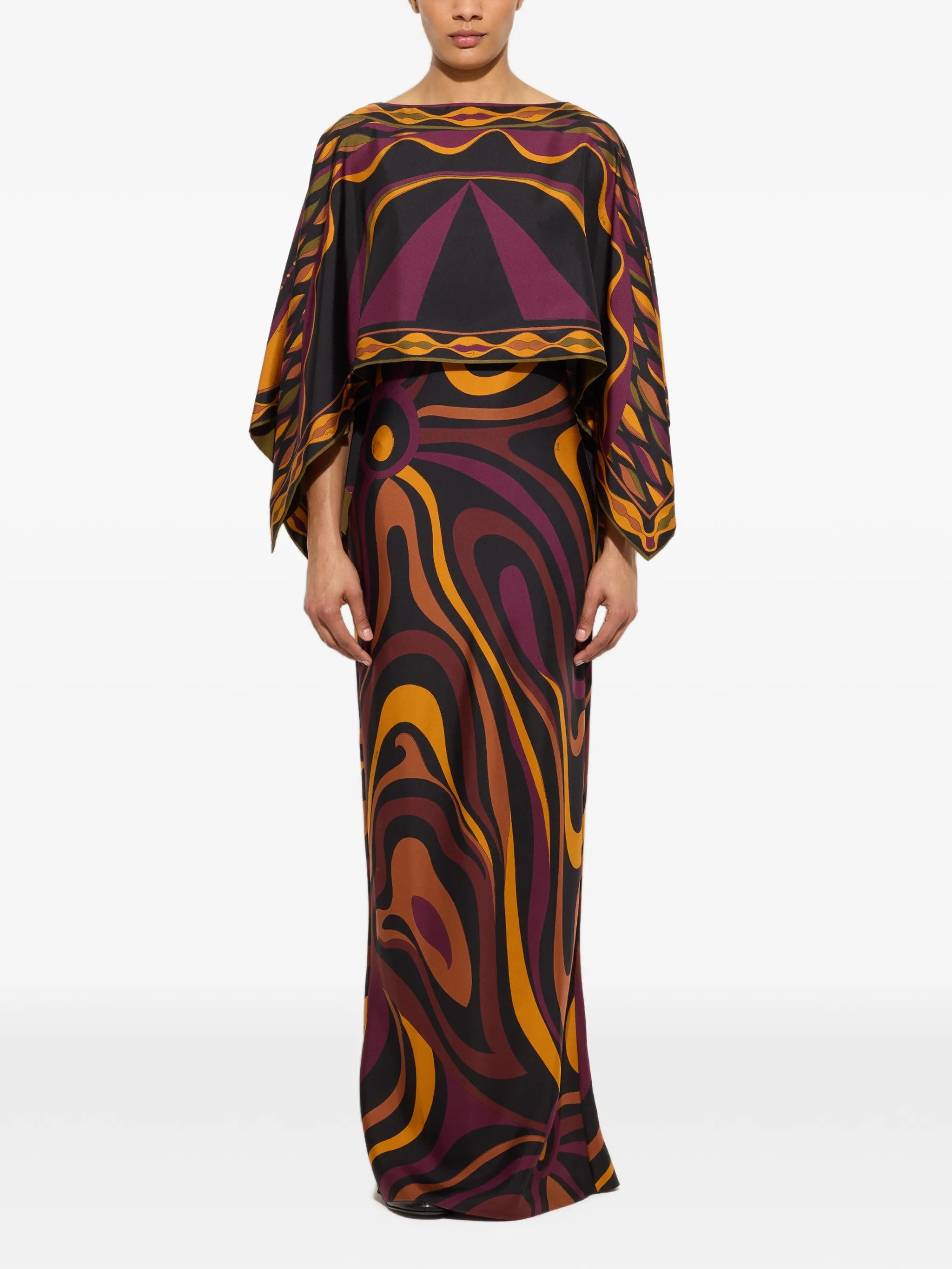 Marmo print silk dress with cape