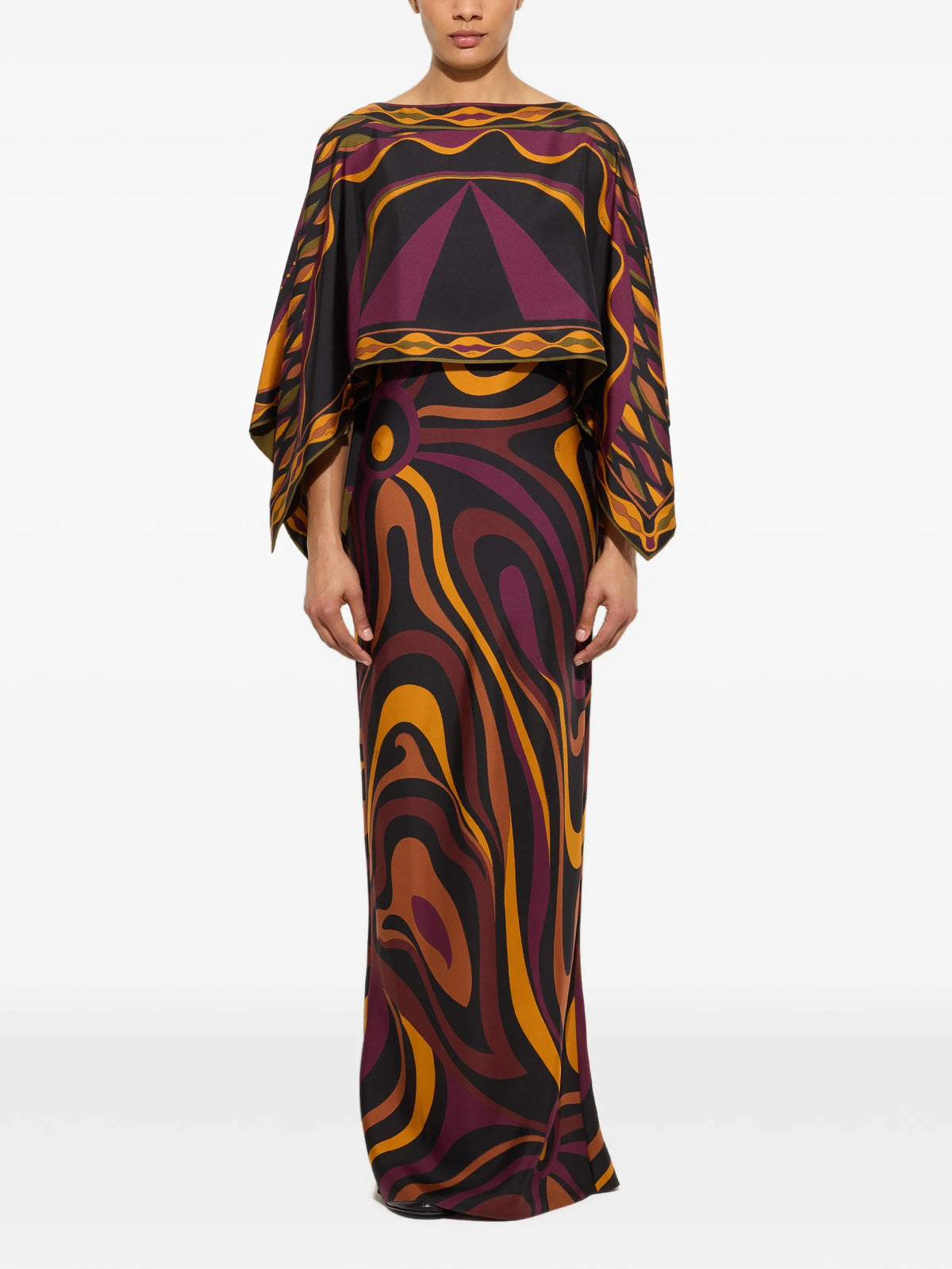 Marmo print silk dress with cape