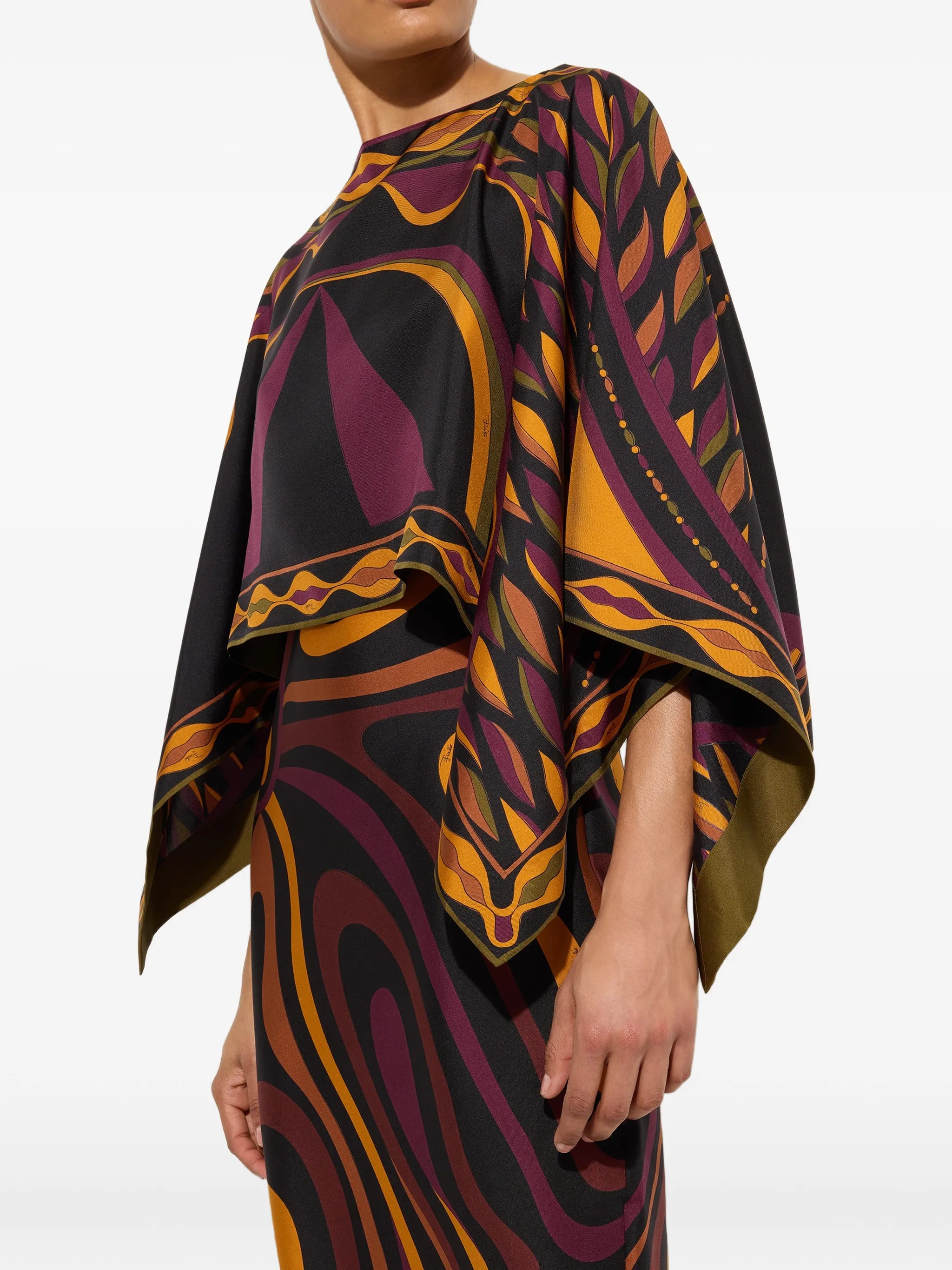 Marmo print silk dress with cape
