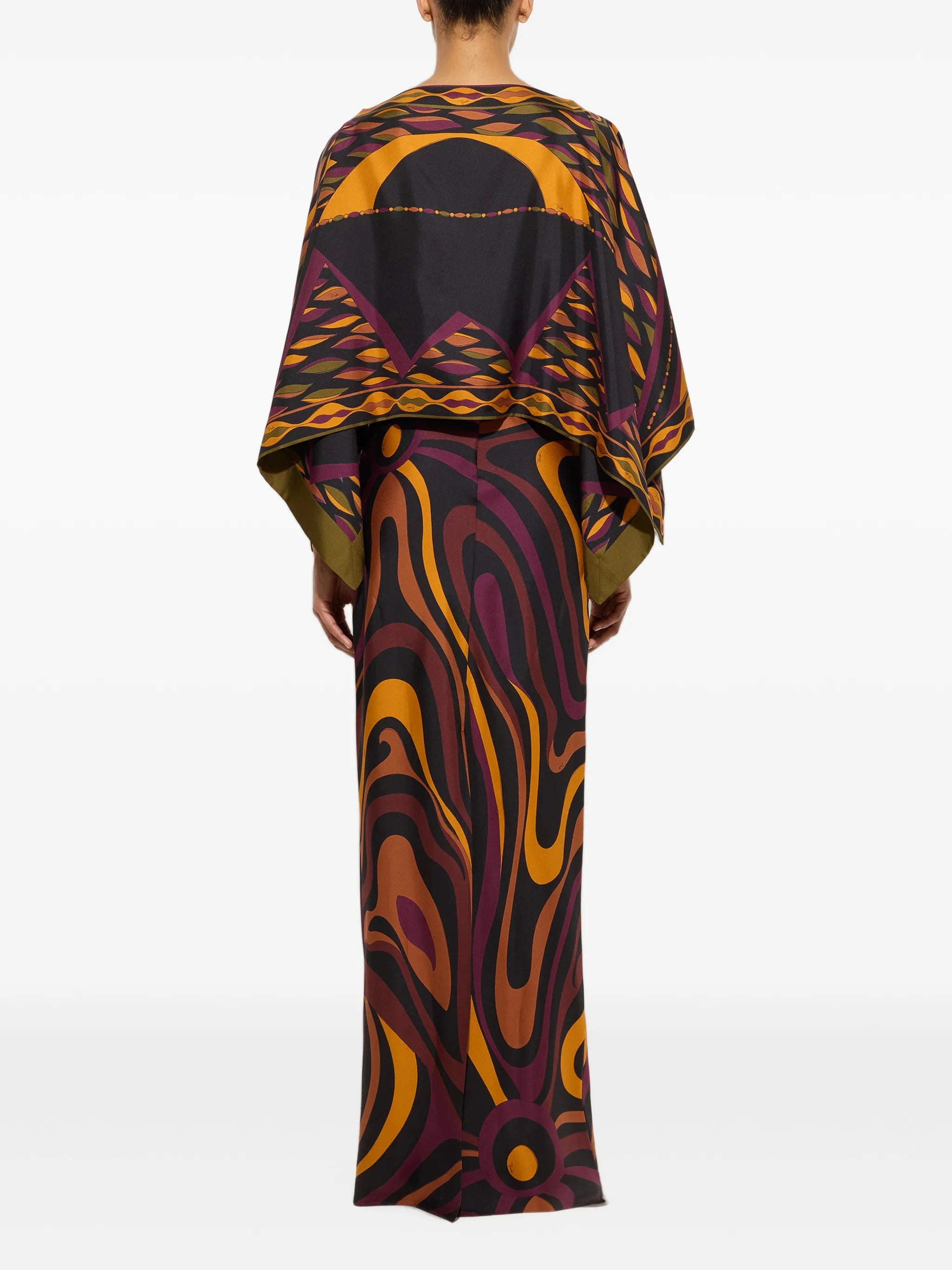 Marmo print silk dress with cape