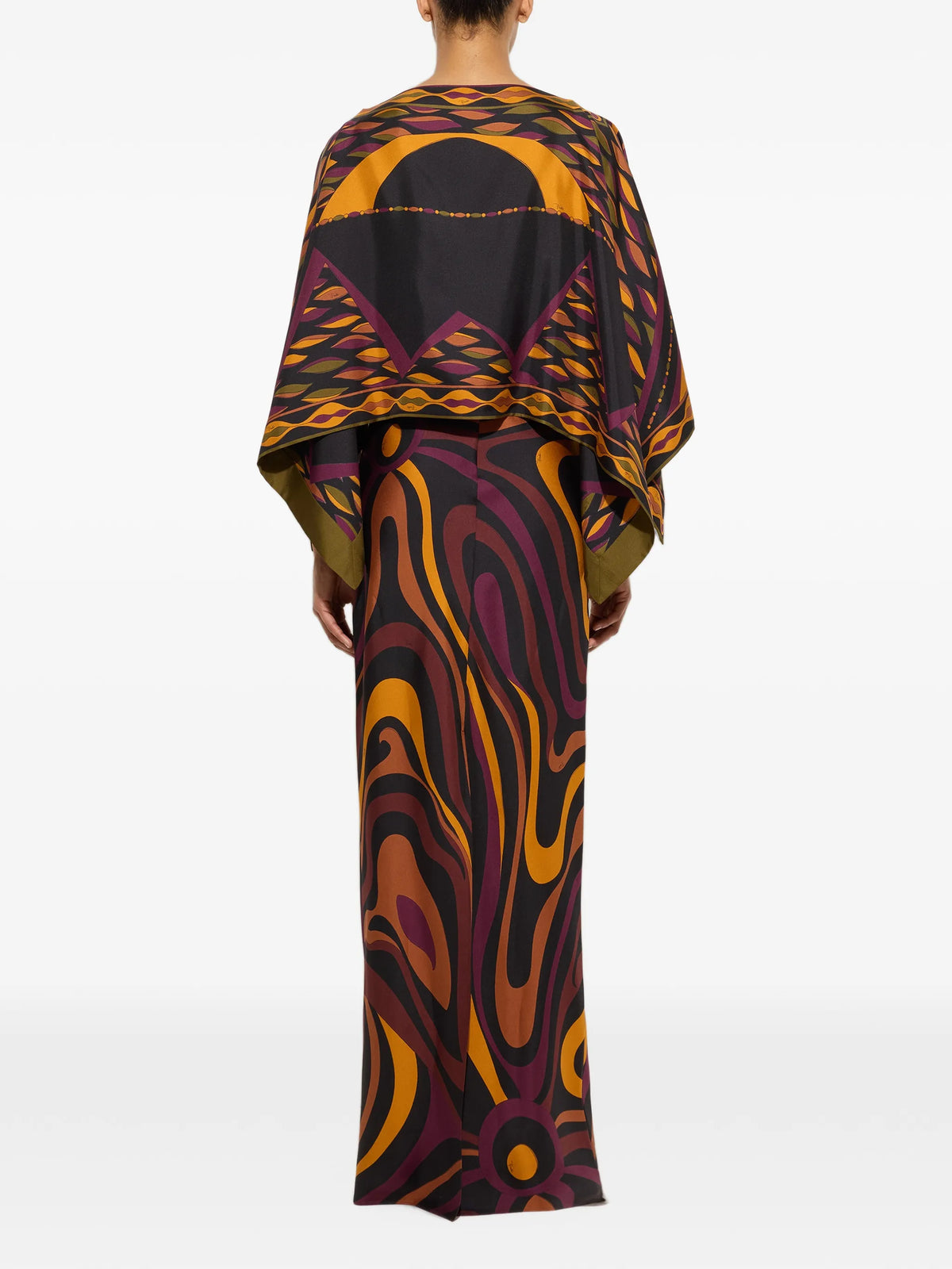 Marmo print silk dress with cape