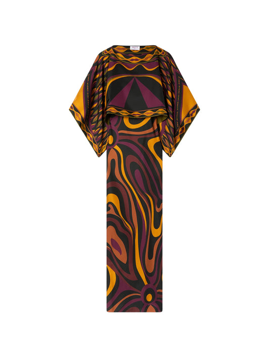 Marmo print silk dress with cape