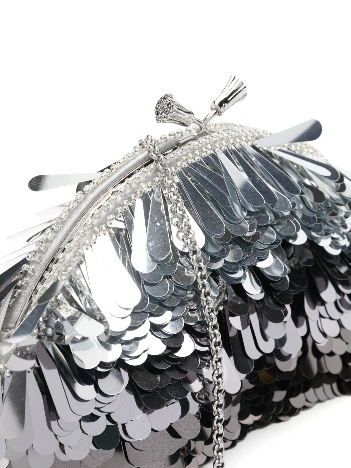 embellished Eyes clutch bag - satin and sequins in silver