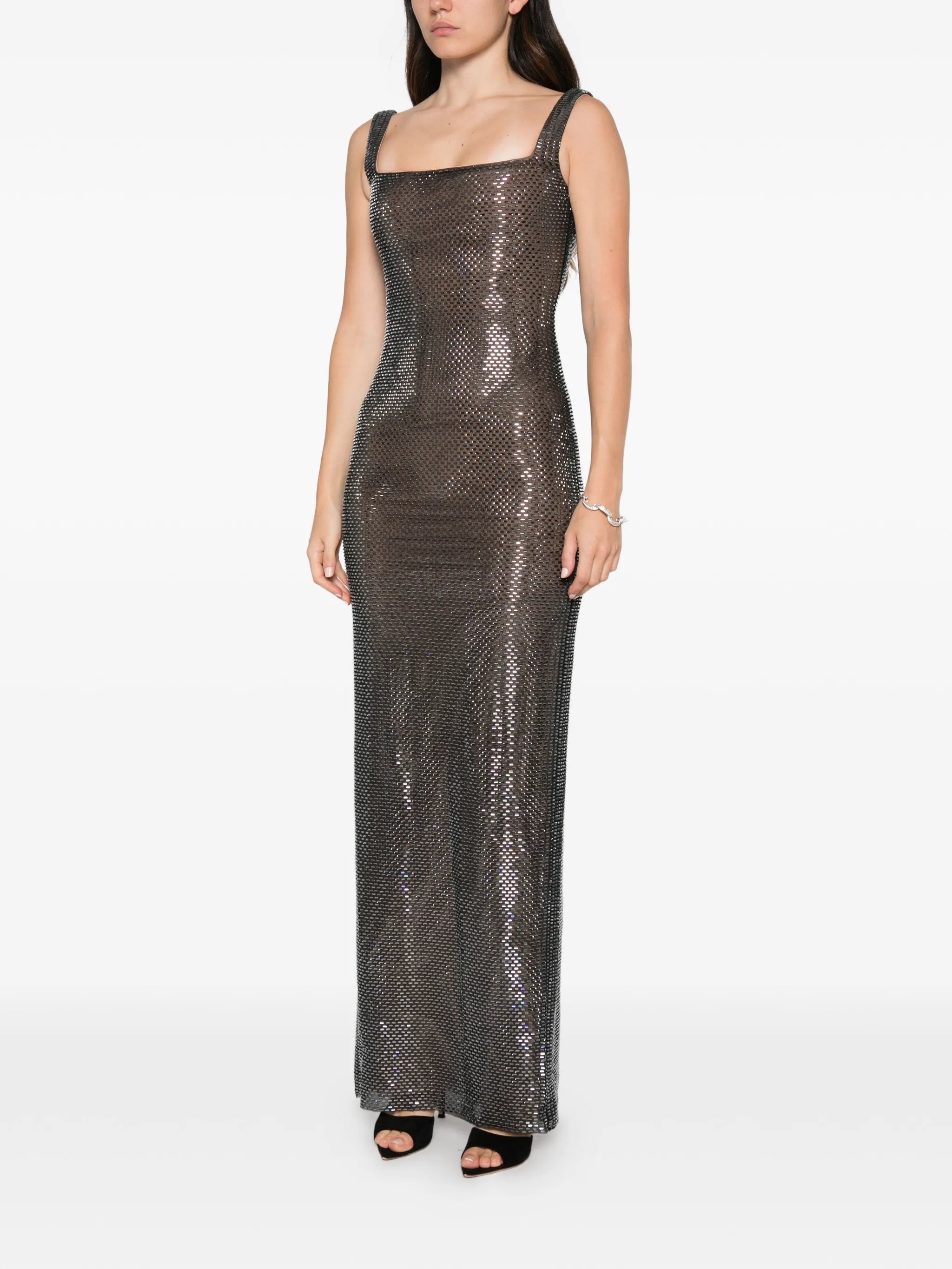 gunmetal square neck rhinestone maxi dress