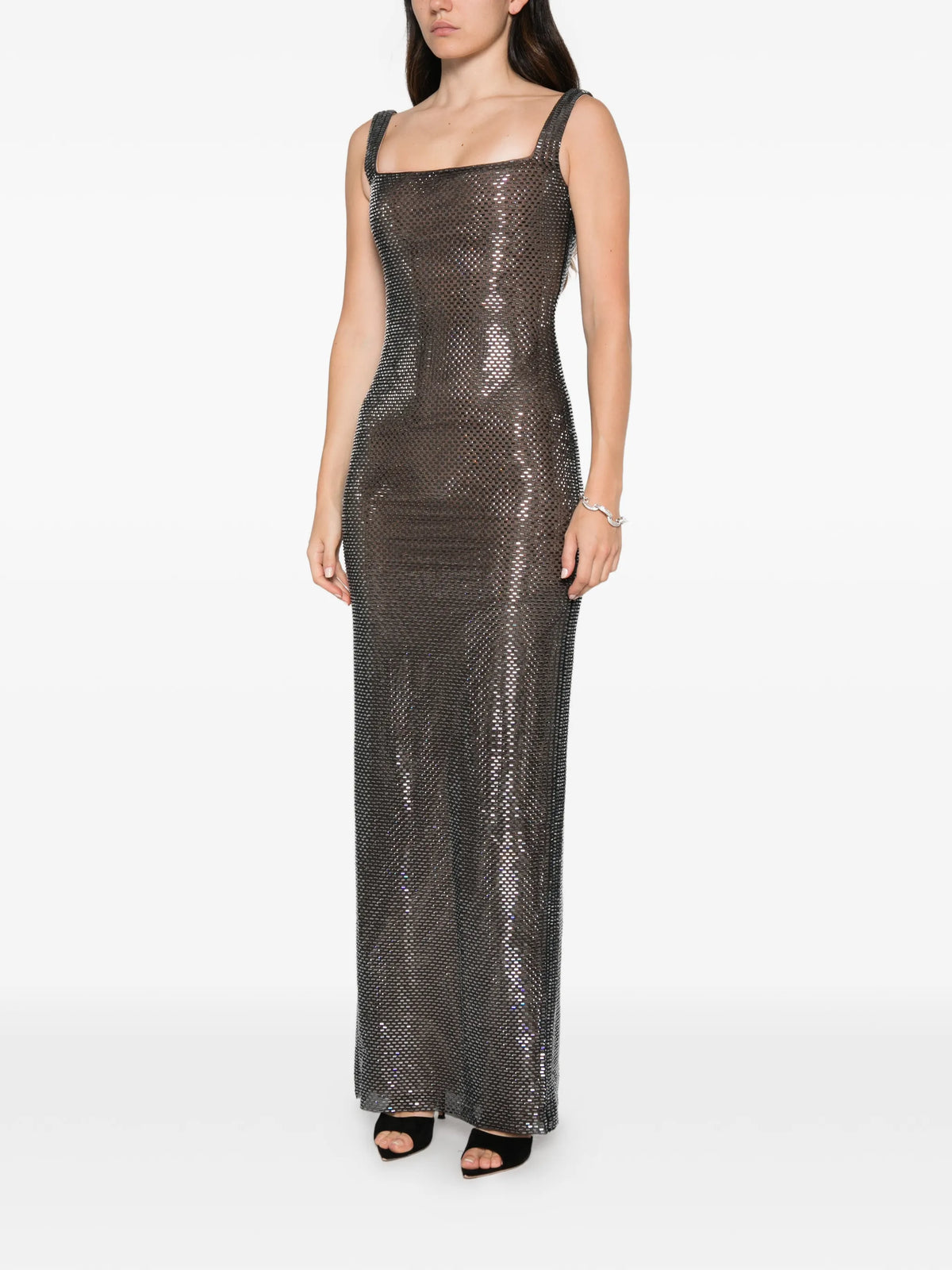 gunmetal square neck rhinestone maxi dress