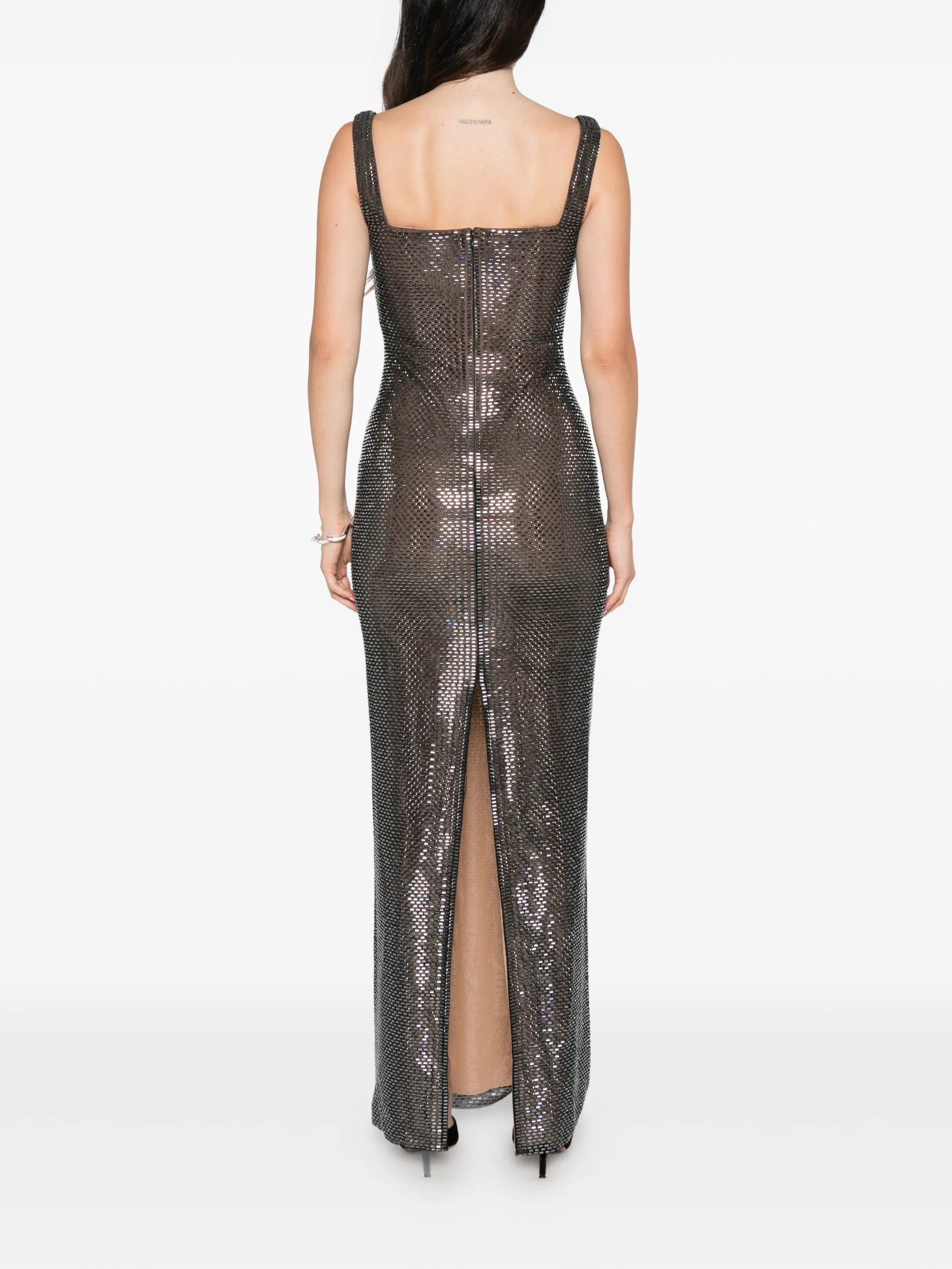 gunmetal square neck rhinestone maxi dress
