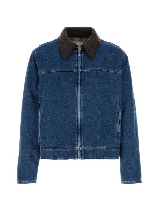 Intrecciato-collar zip-fastening denim jacket