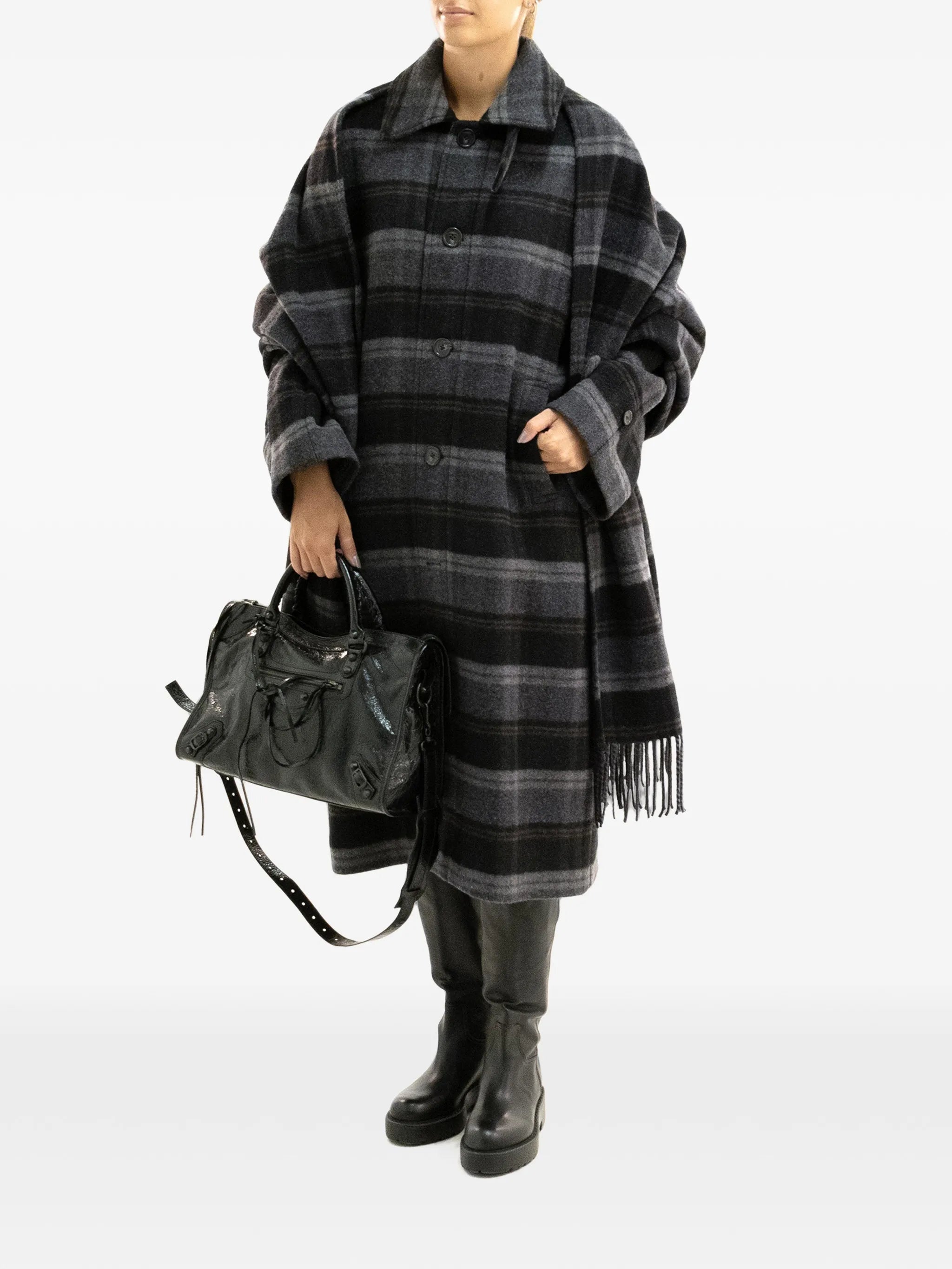 check-pattern scarf-detail coat
