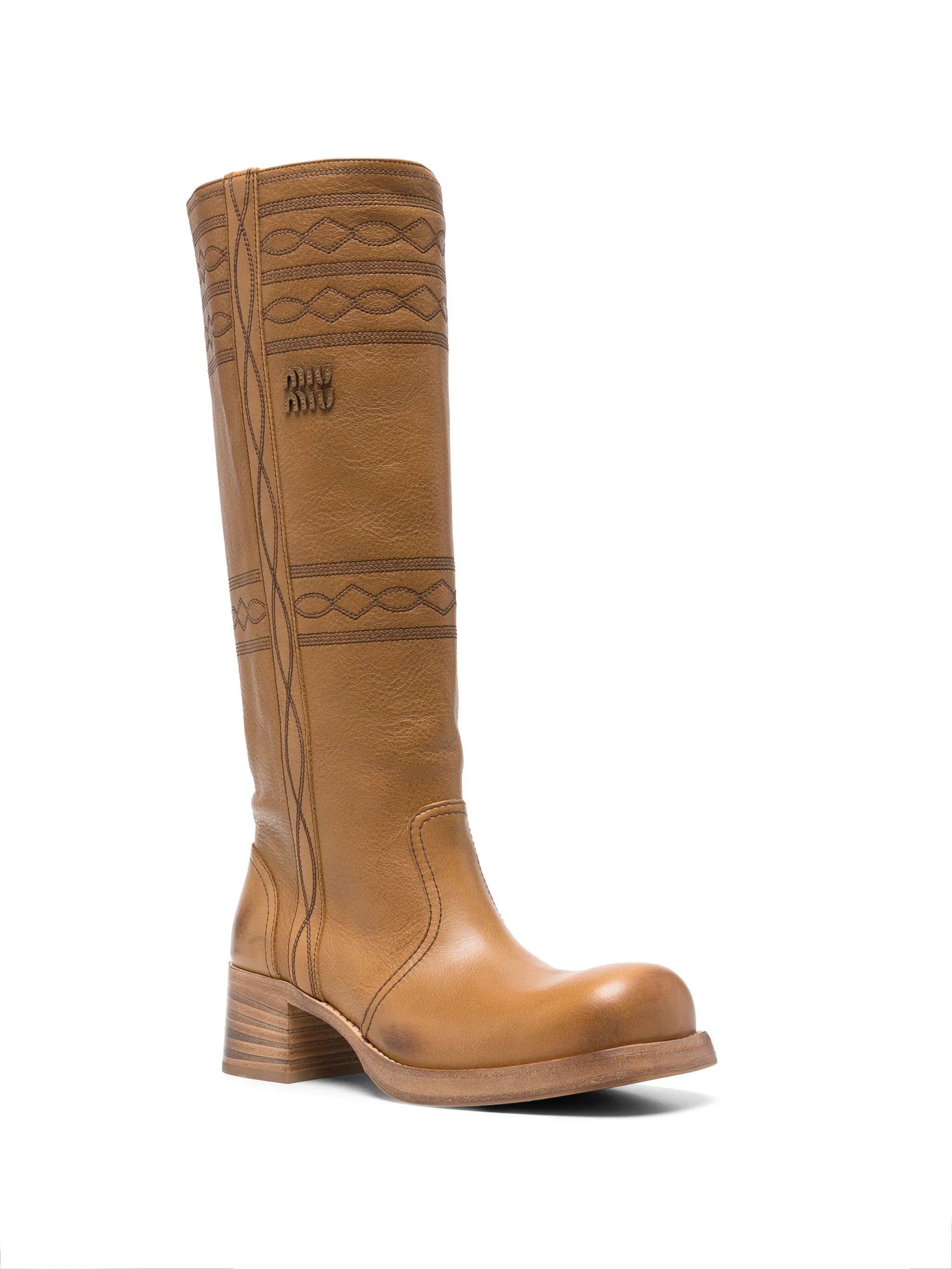 embroidered leather knee-high boots