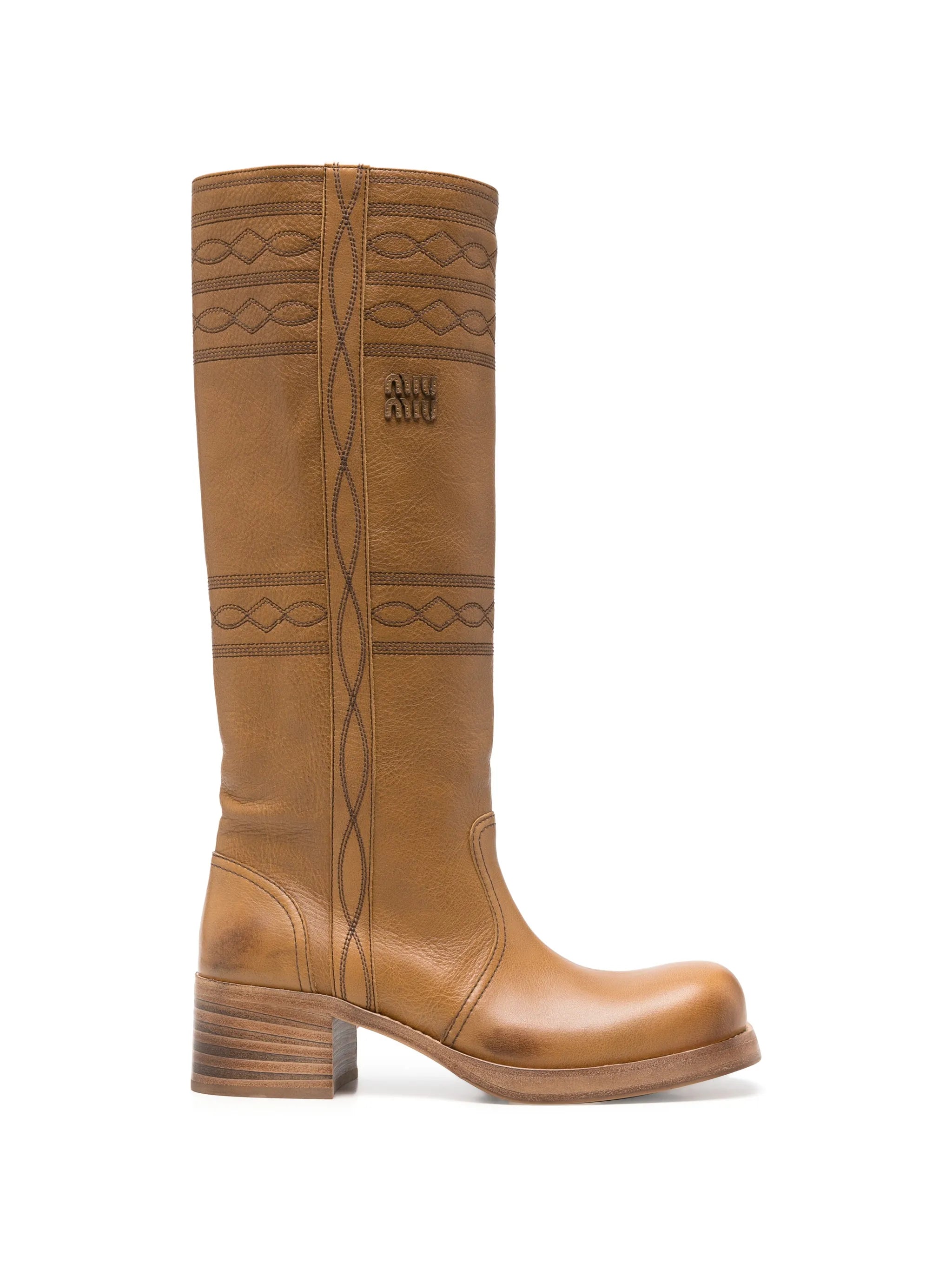 embroidered leather knee-high boots