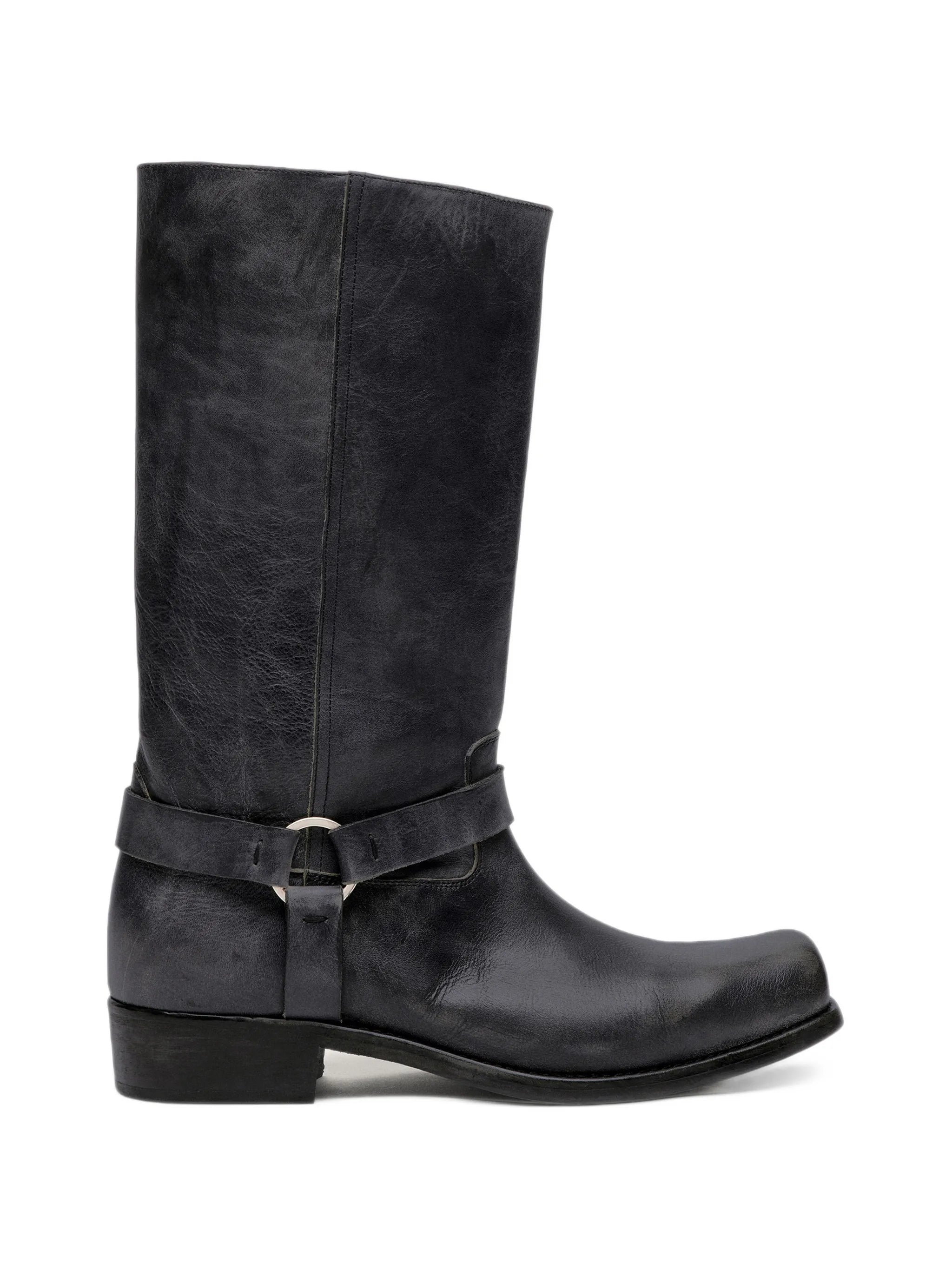high Biker boots in leather with strap and buckle