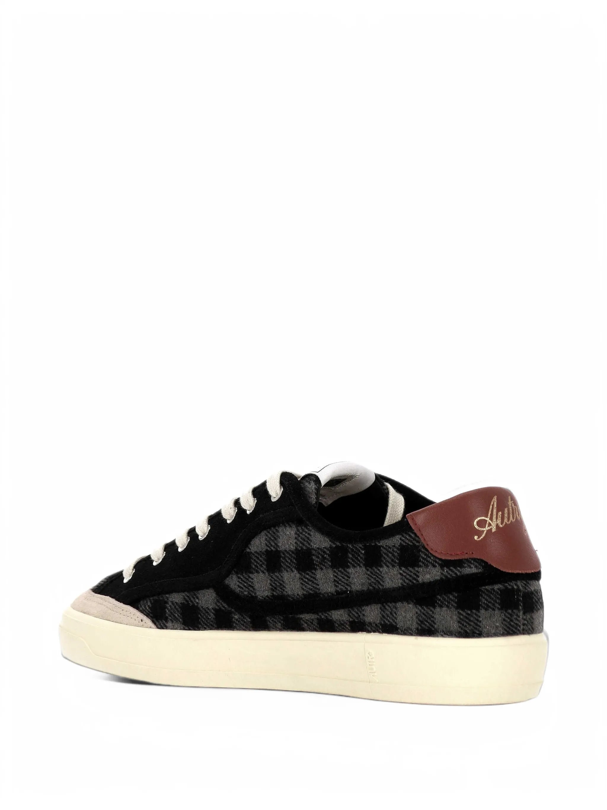 Windscape low sneakers in gray black and syrah check print fabric and suede