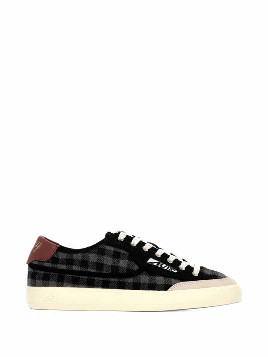 Windscape low sneakers in gray black and syrah check print fabric and suede